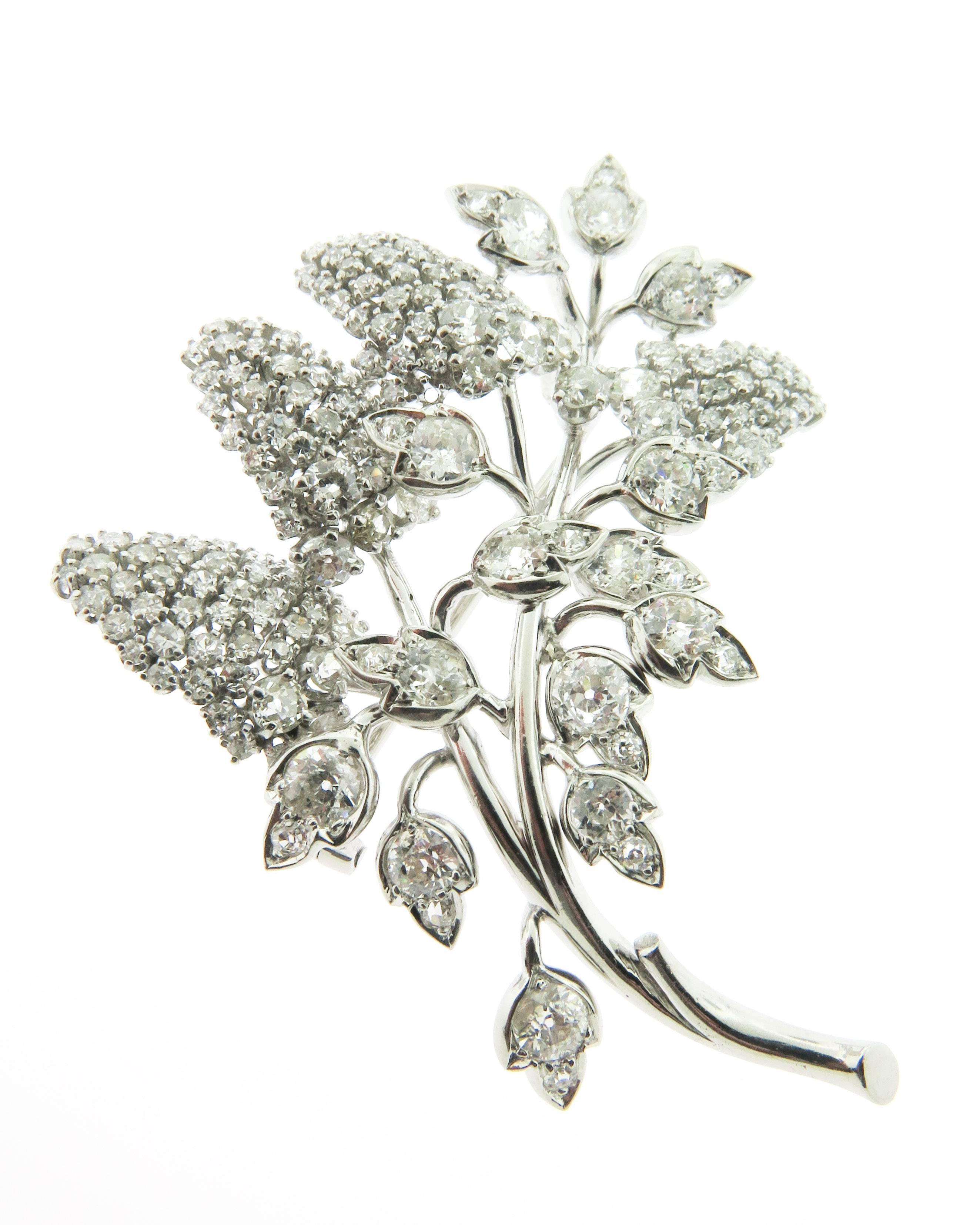 At just over two inches long this fantastic brooch is not to be missed. The combination of different sizes of old European cut diamonds, gives this piece both movement and delicacy. 
The brooch features branches meticulously designed with three
