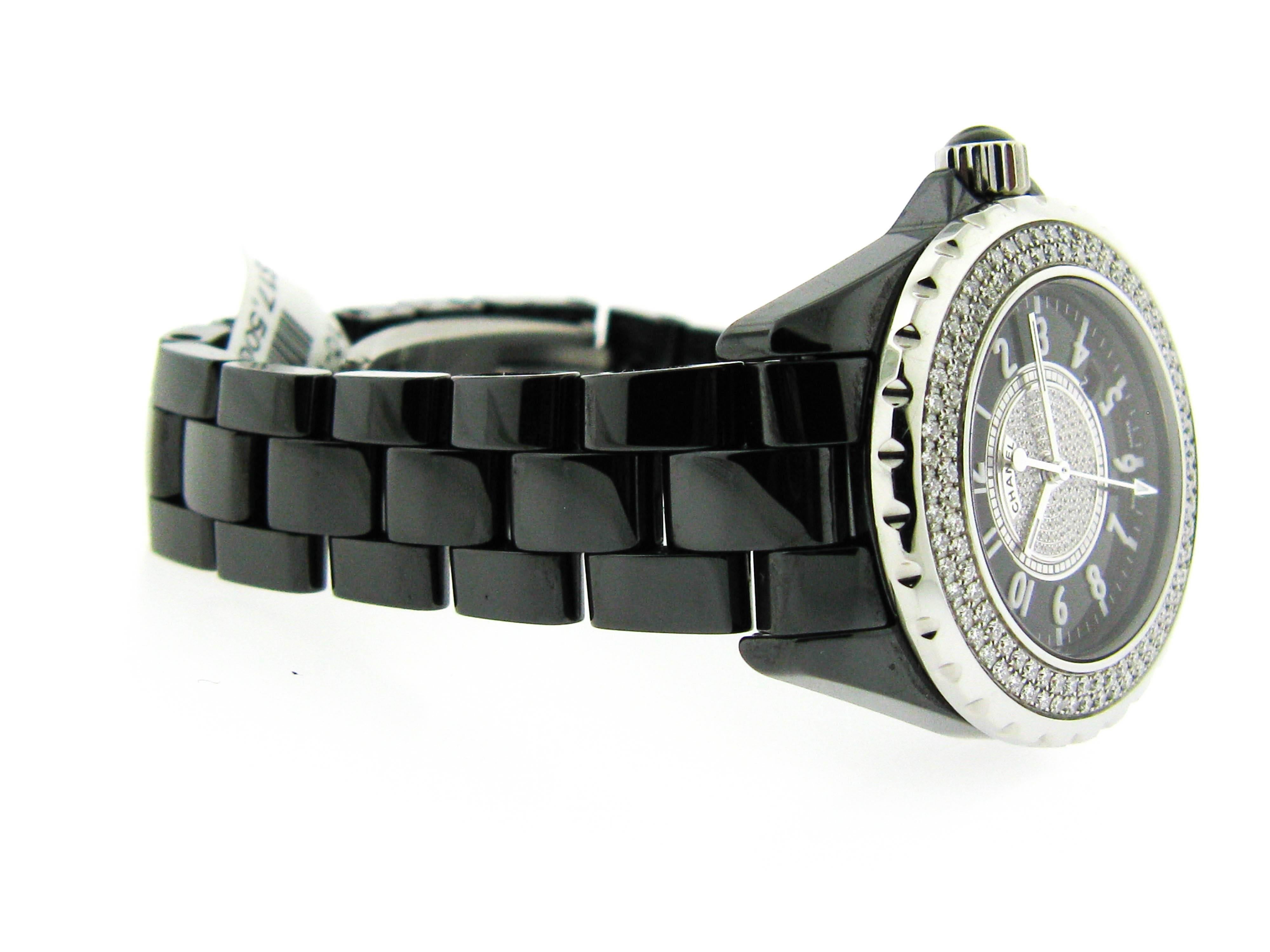 This elegant and chic watch by Chanel is the perfect statement for day-to-night wear. Black, slightly metallic ceramic band in a bracelet design. The 