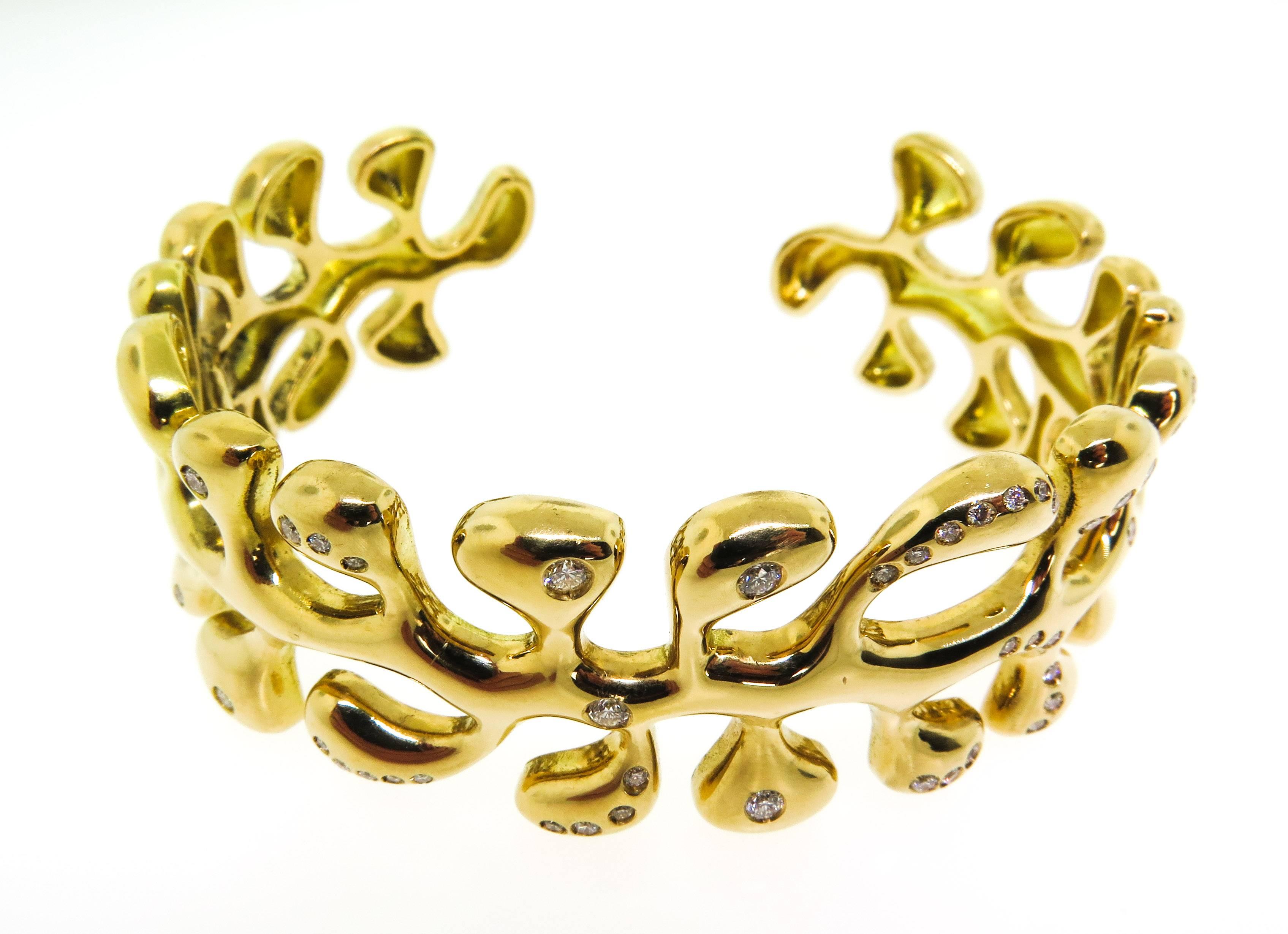 Gold Sea Leaf Cuff Bracelet with Diamond Accents In New Condition In Greenwich, CT