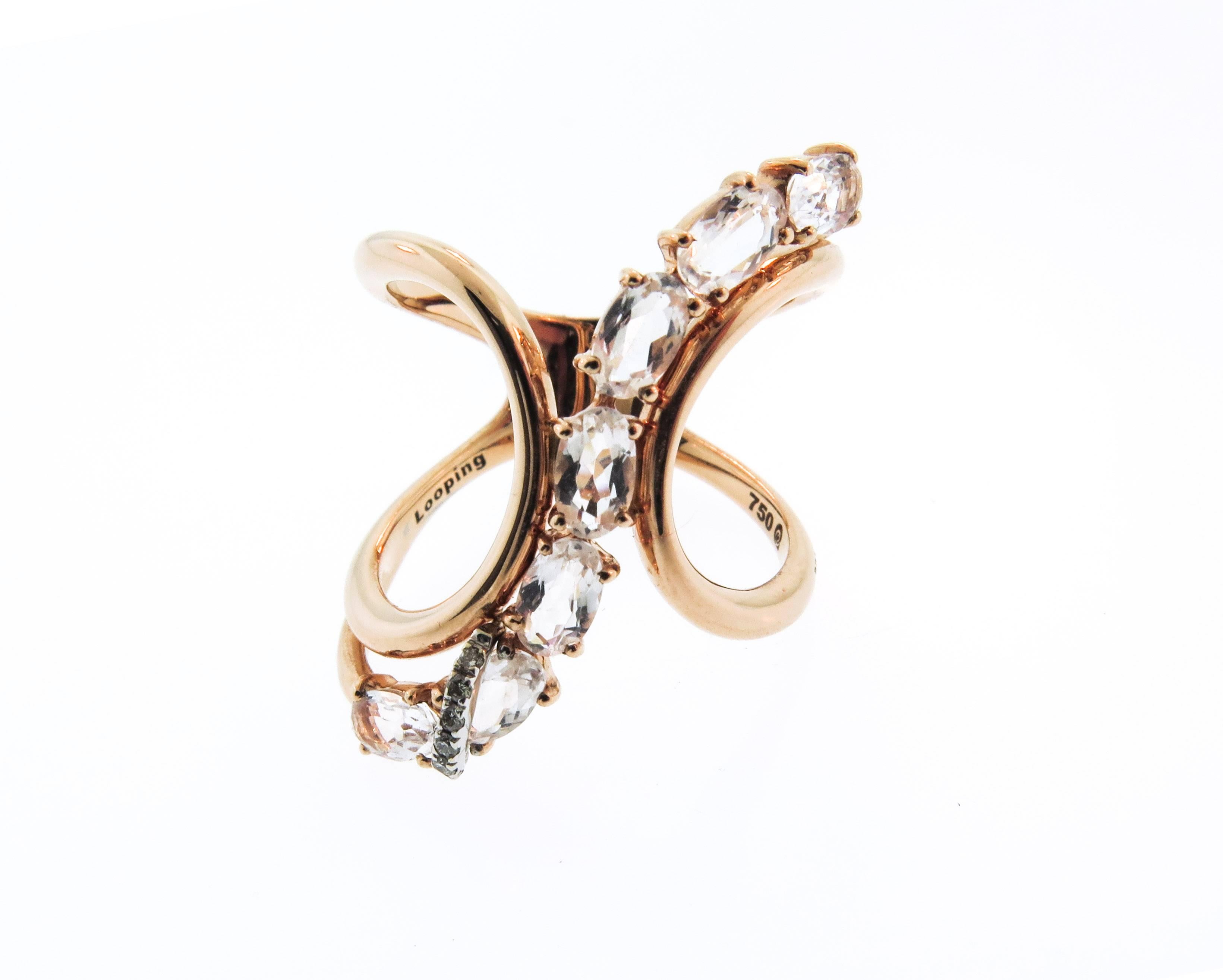 Modern Brumani Rose Quartz Diamond Gold Looping Shine Ring 