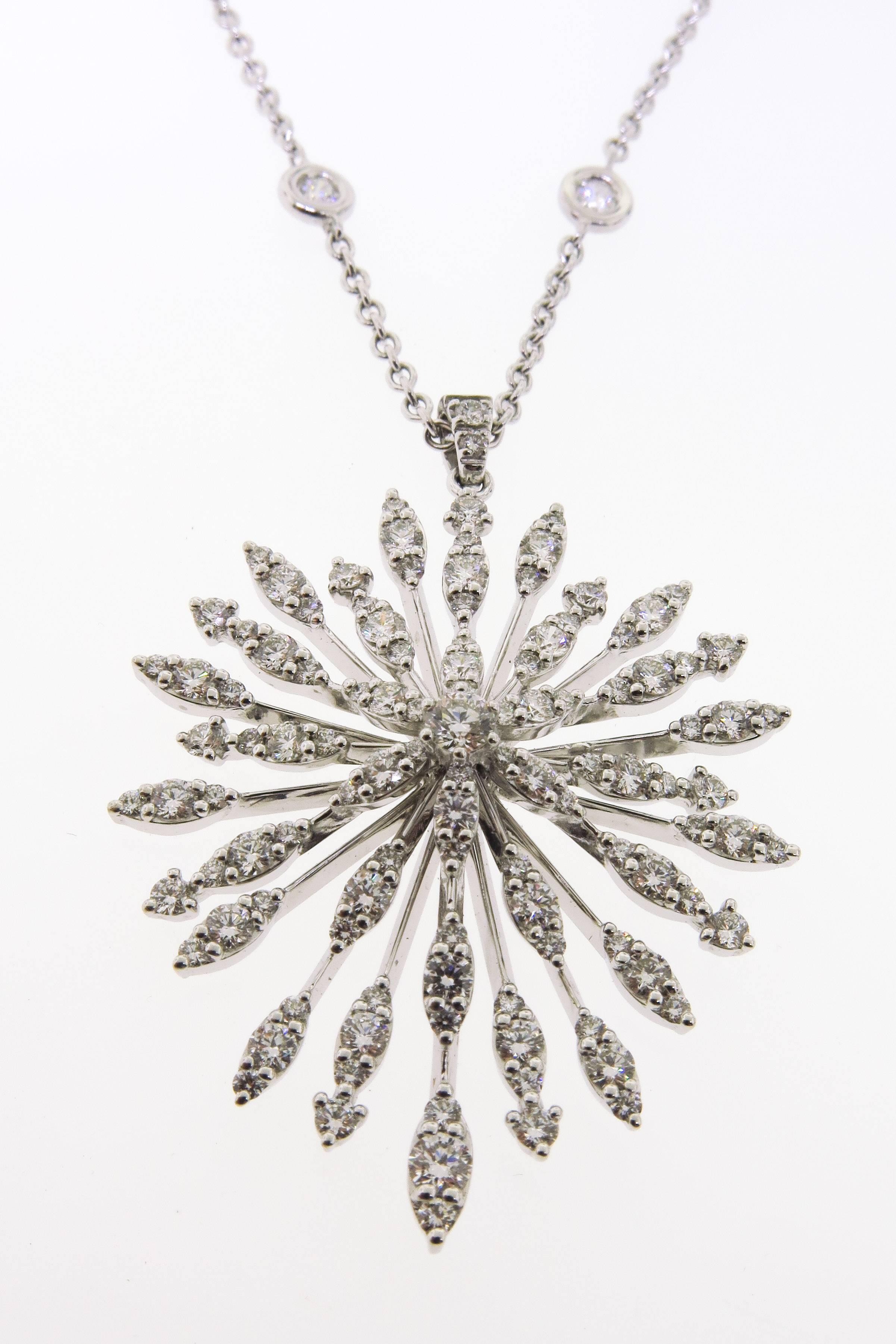A truly extraordinary piece of jewelry featuring 2.38 total carats of Round Cut diamonds. This necklace is crafted in 18K white gold and measures approximately 17 inches in length. 
Equally chic with a cocktail dress, heels or jeans, they are