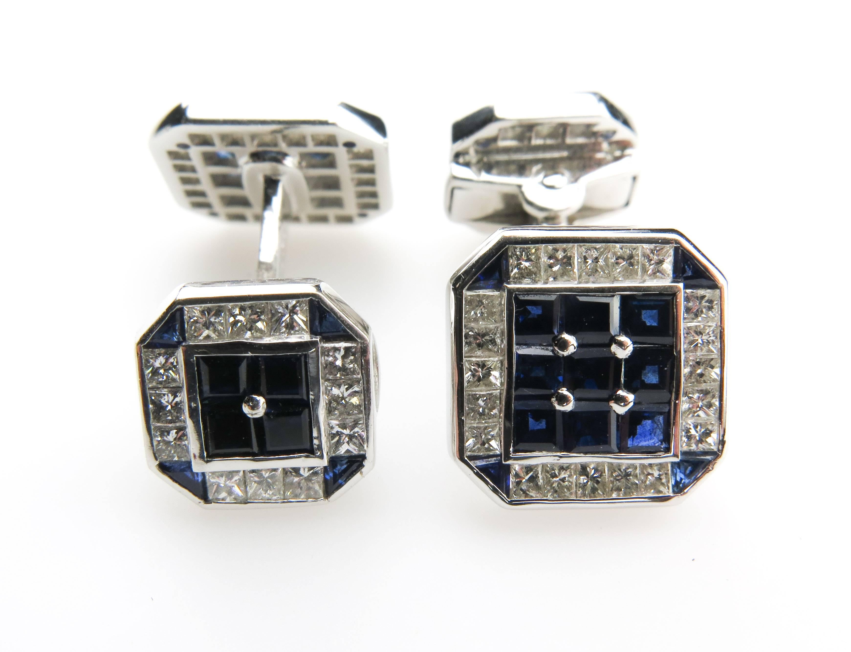 A truly luxurious set of cufflinks and studs  - made to have and to hold. For the gentleman with style, these square cufflinks have been made from the very finest materials. Stunning diamonds and striking blue sapphires have been delicately detailed
