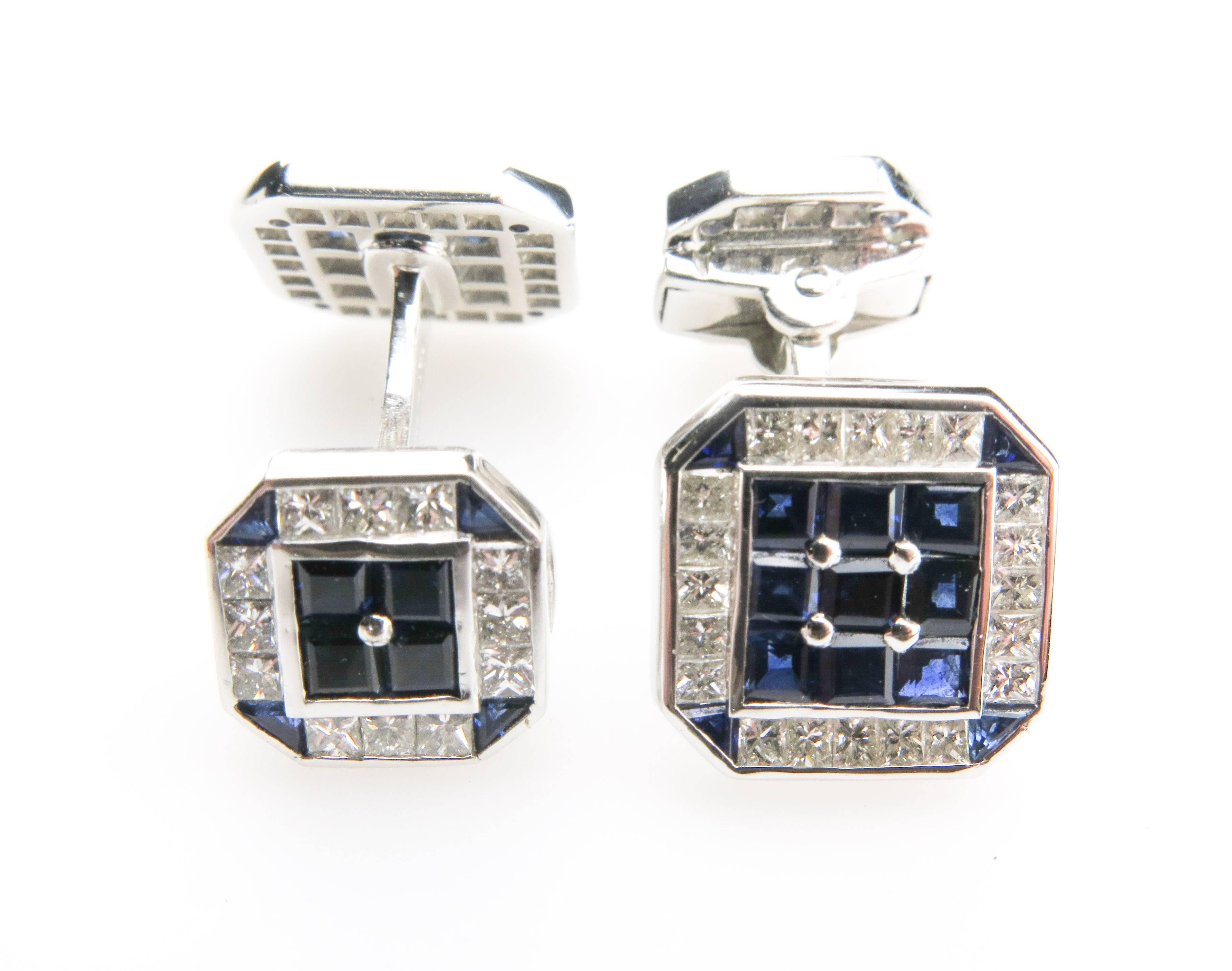 Art Deco Sapphire and Diamond Set of Cufflinks and Studs For Sale