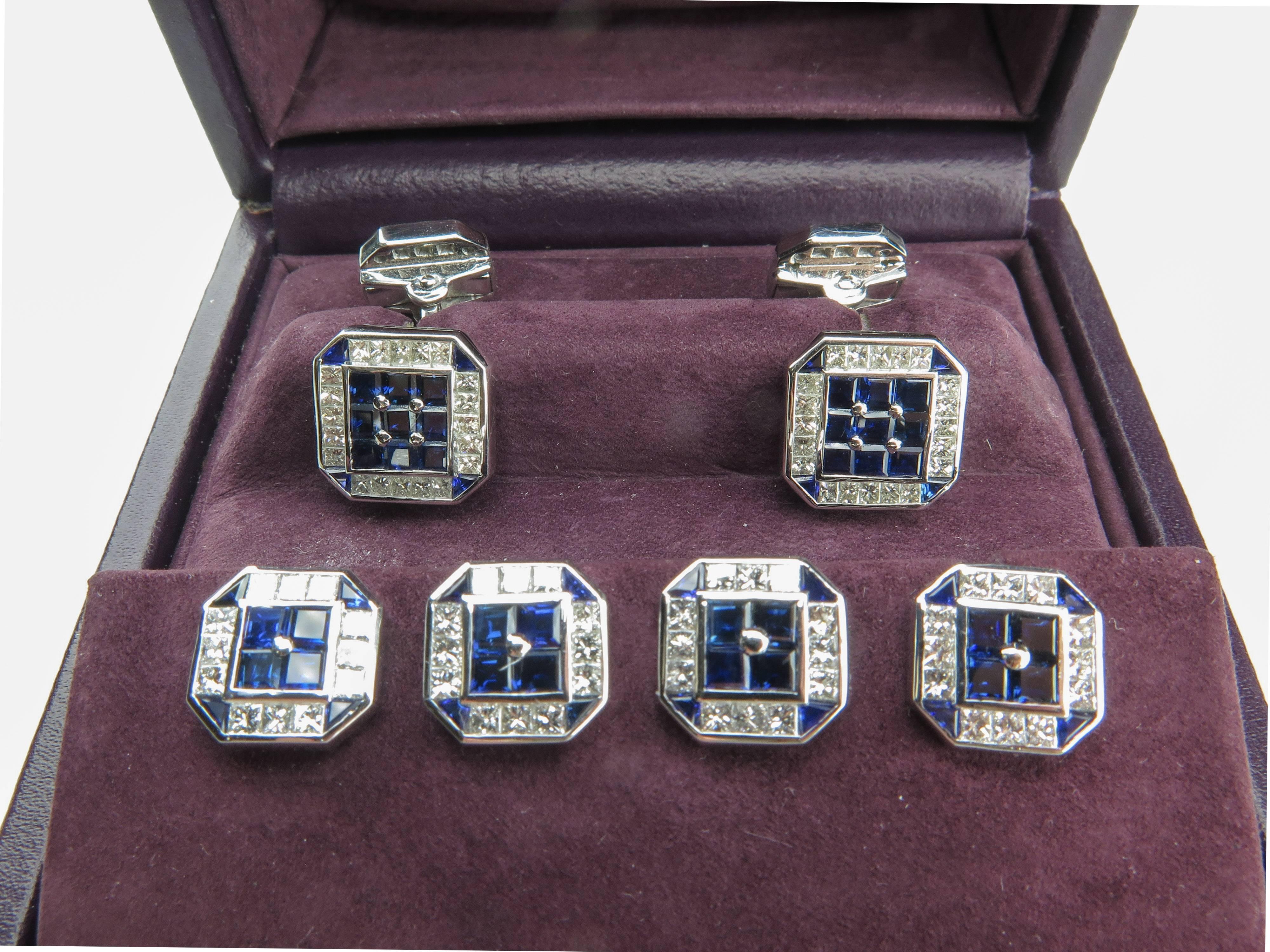 Sapphire and Diamond Set of Cufflinks and Studs For Sale 2