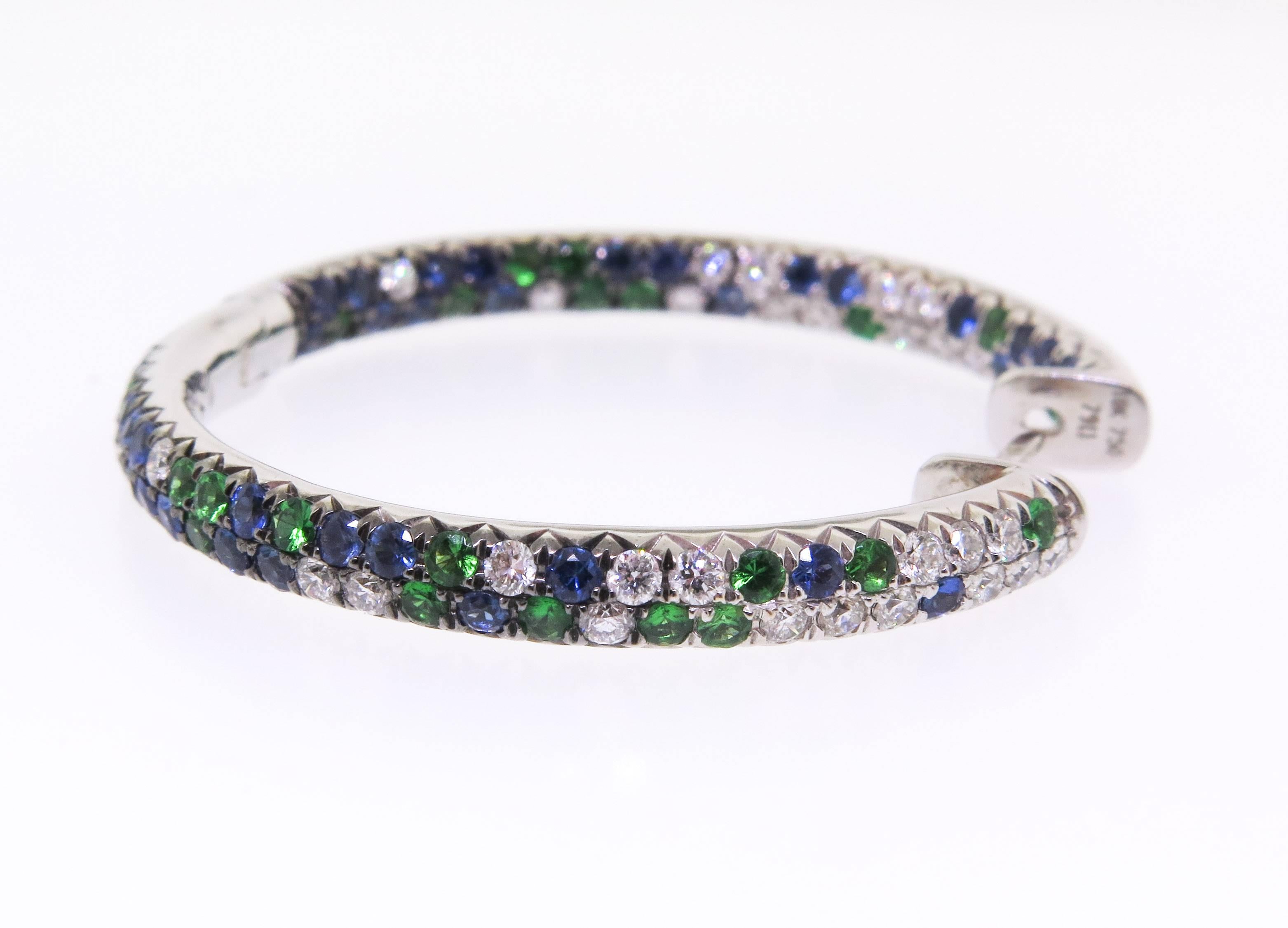 18K Green, Blue Sapphires with White Diamond Hoops 1