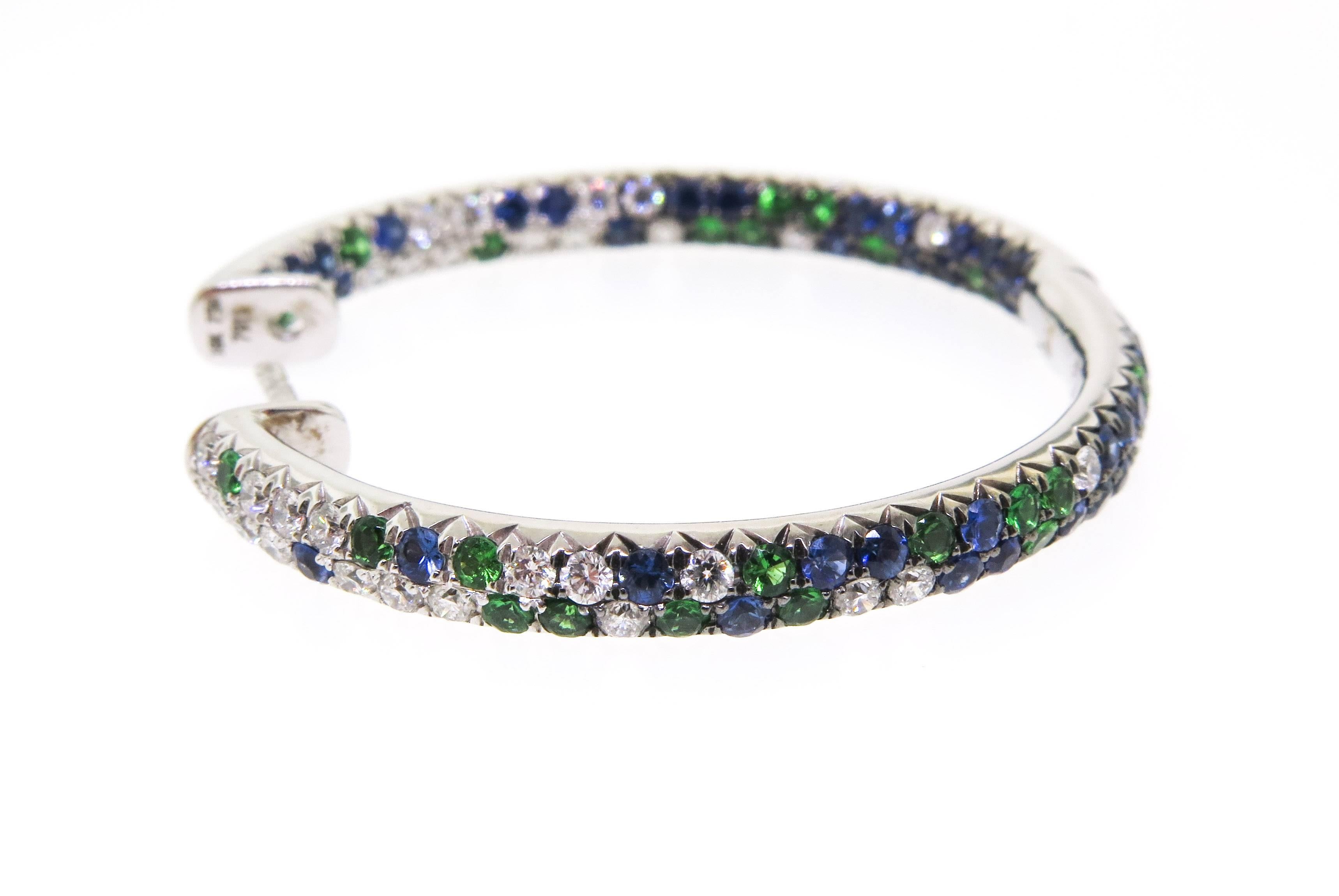 18K Green, Blue Sapphires with White Diamond Hoops 2