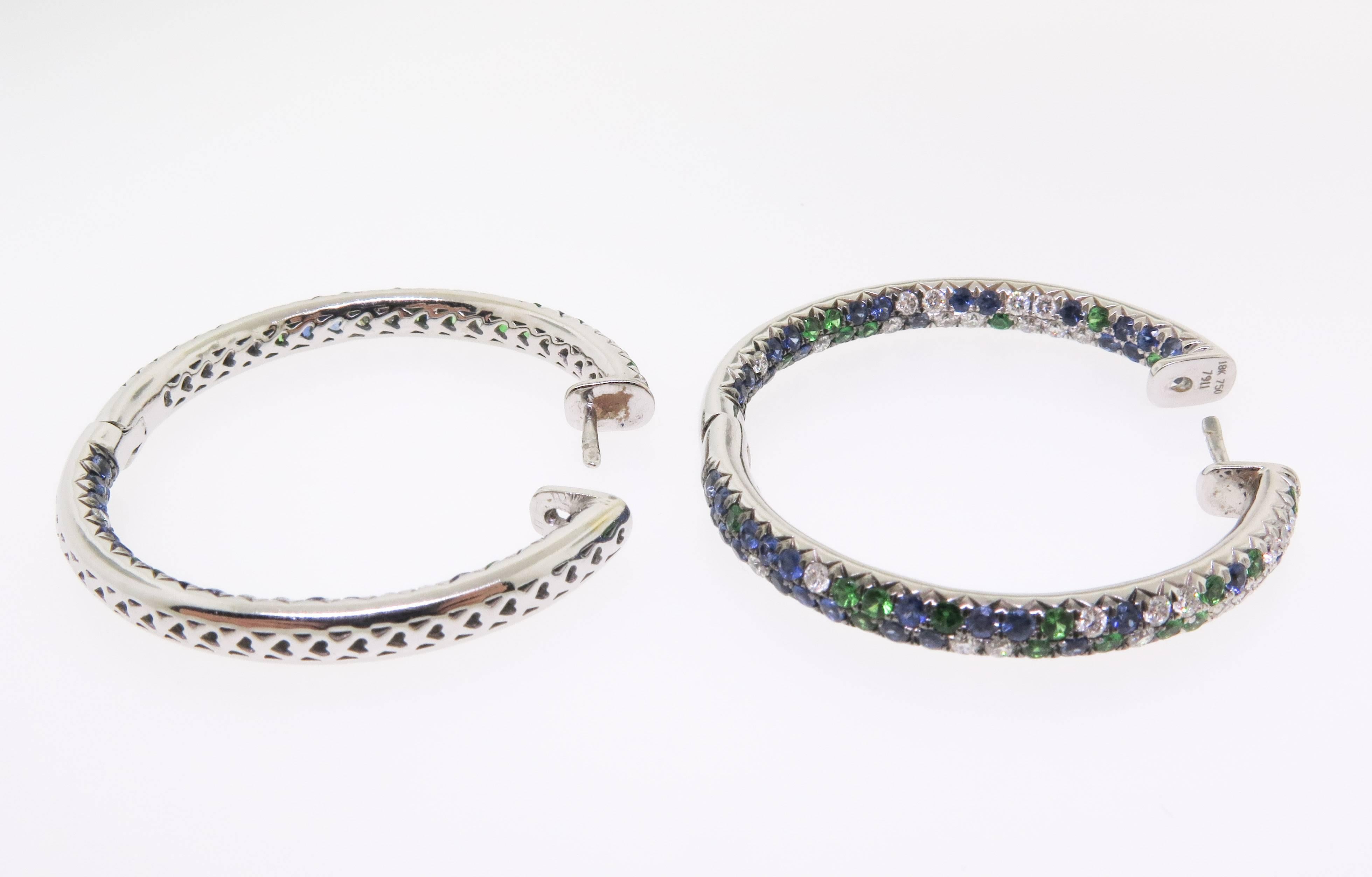 18K Green, Blue Sapphires with White Diamond Hoops In Excellent Condition In Greenwich, CT