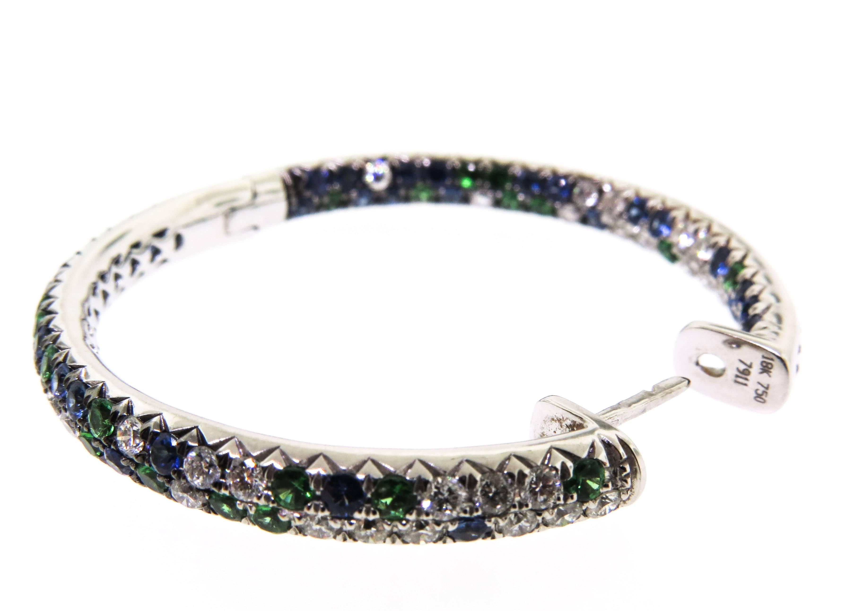 18K Green, Blue Sapphires with White Diamond Hoops 3
