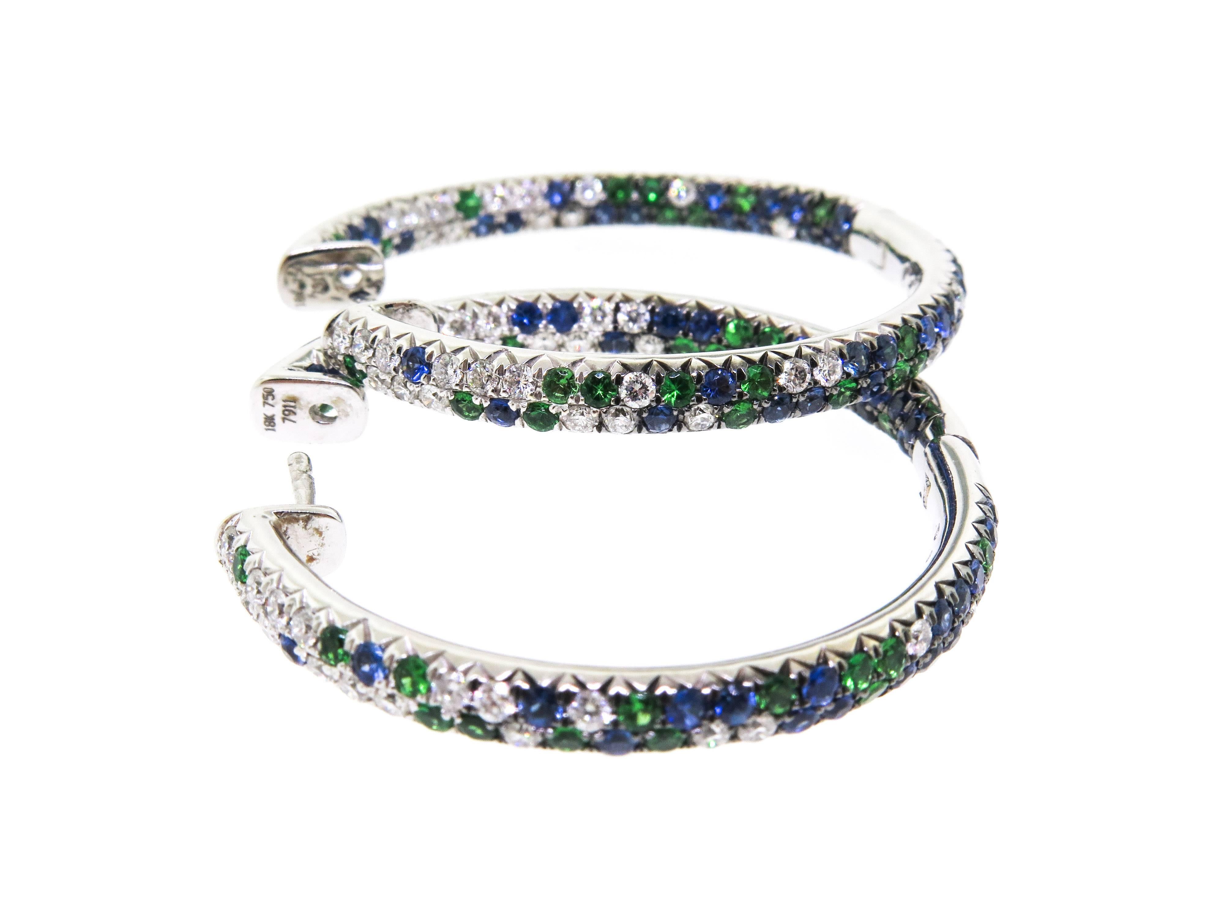 Women's 18K Green, Blue Sapphires with White Diamond Hoops