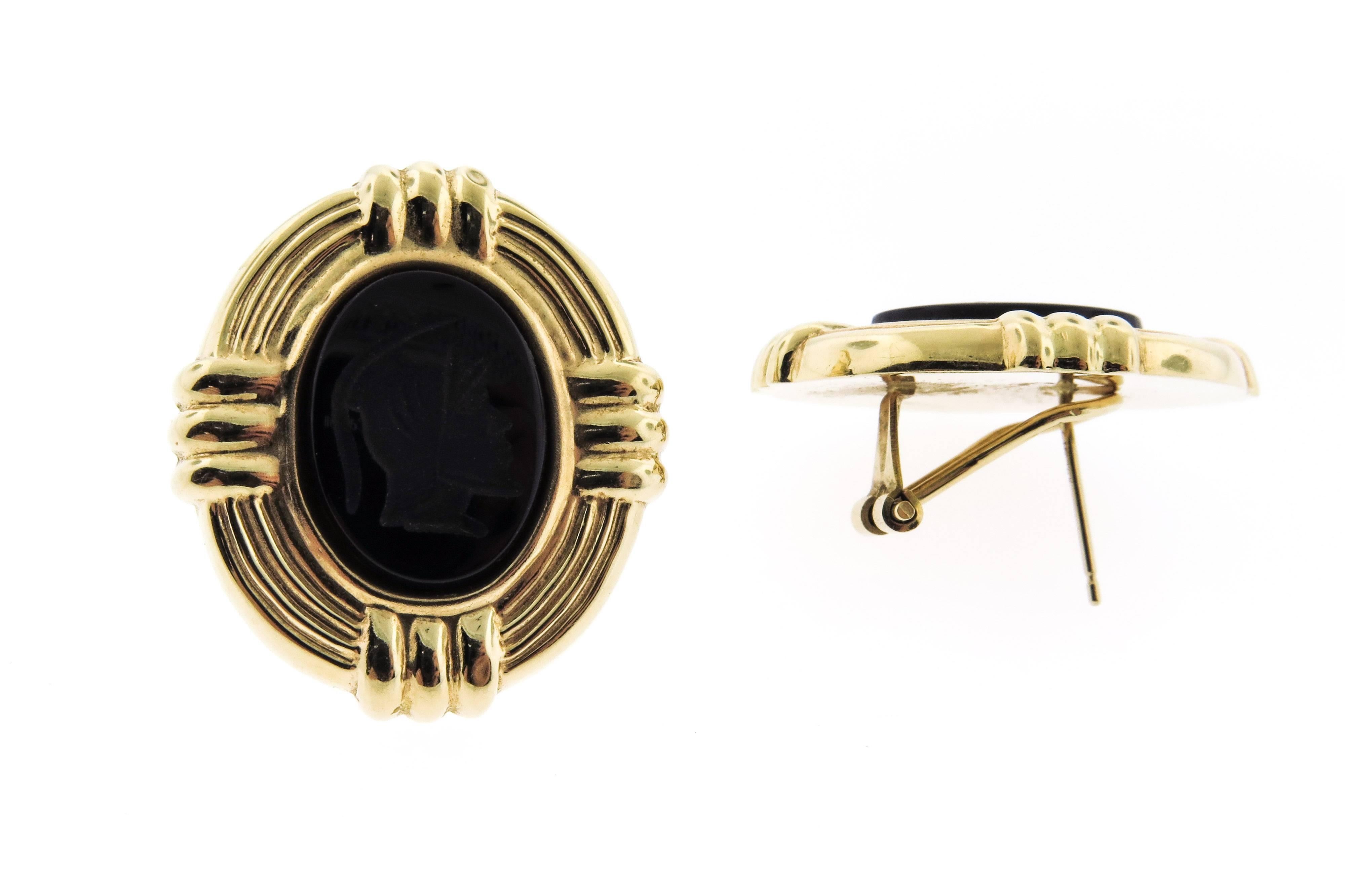 Women's 14Karat Yellow Gold Carved Oval Onyx Earrings