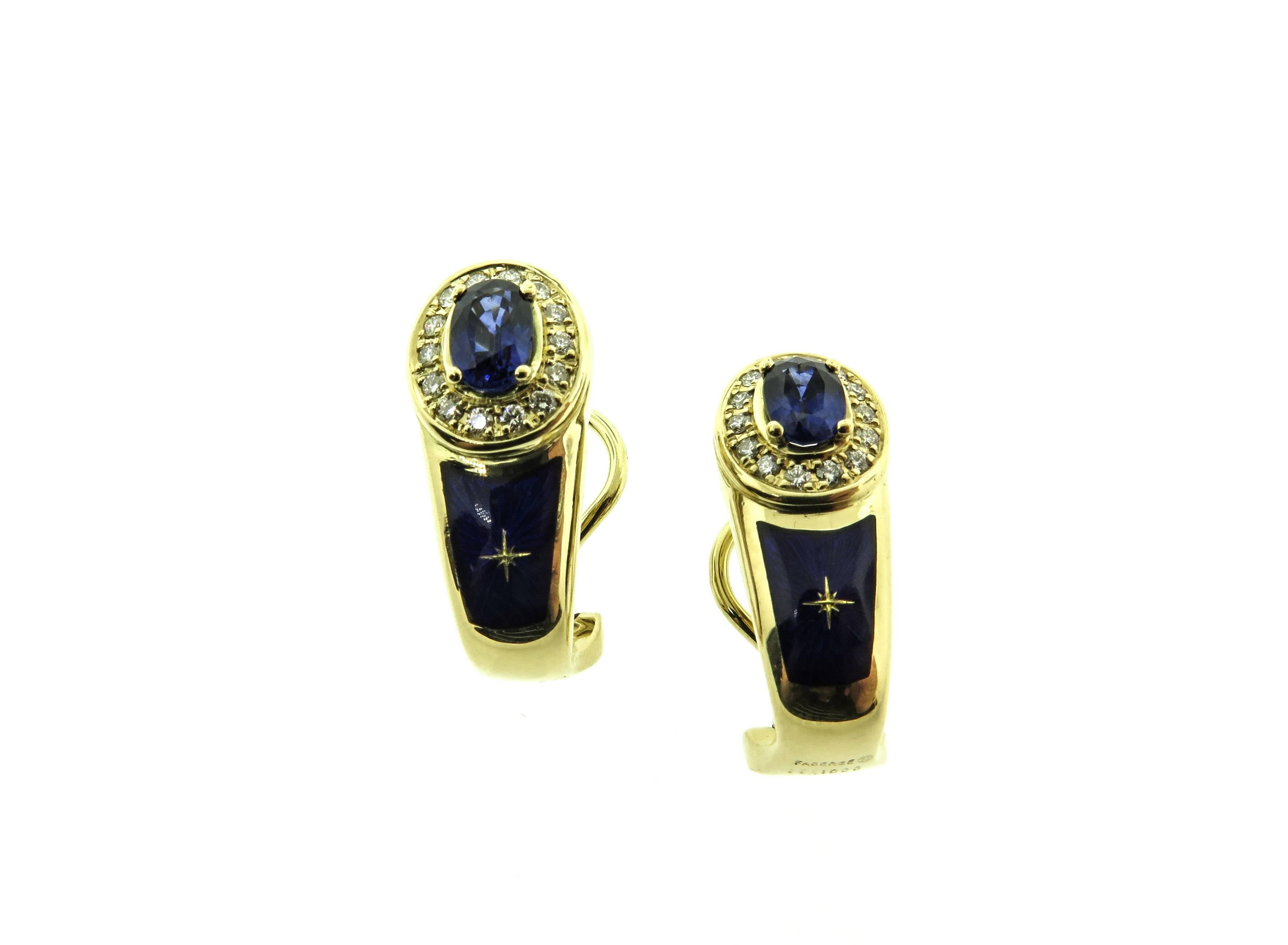 A pair of gorgeous oval blue sapphires framed by round-cut diamonds. This clip earrings with post in blue enamel and gold accents, has the amazing Faberge craftsmanship that is recognize worldwide. At the reverse is engraved with the Modern Faberge