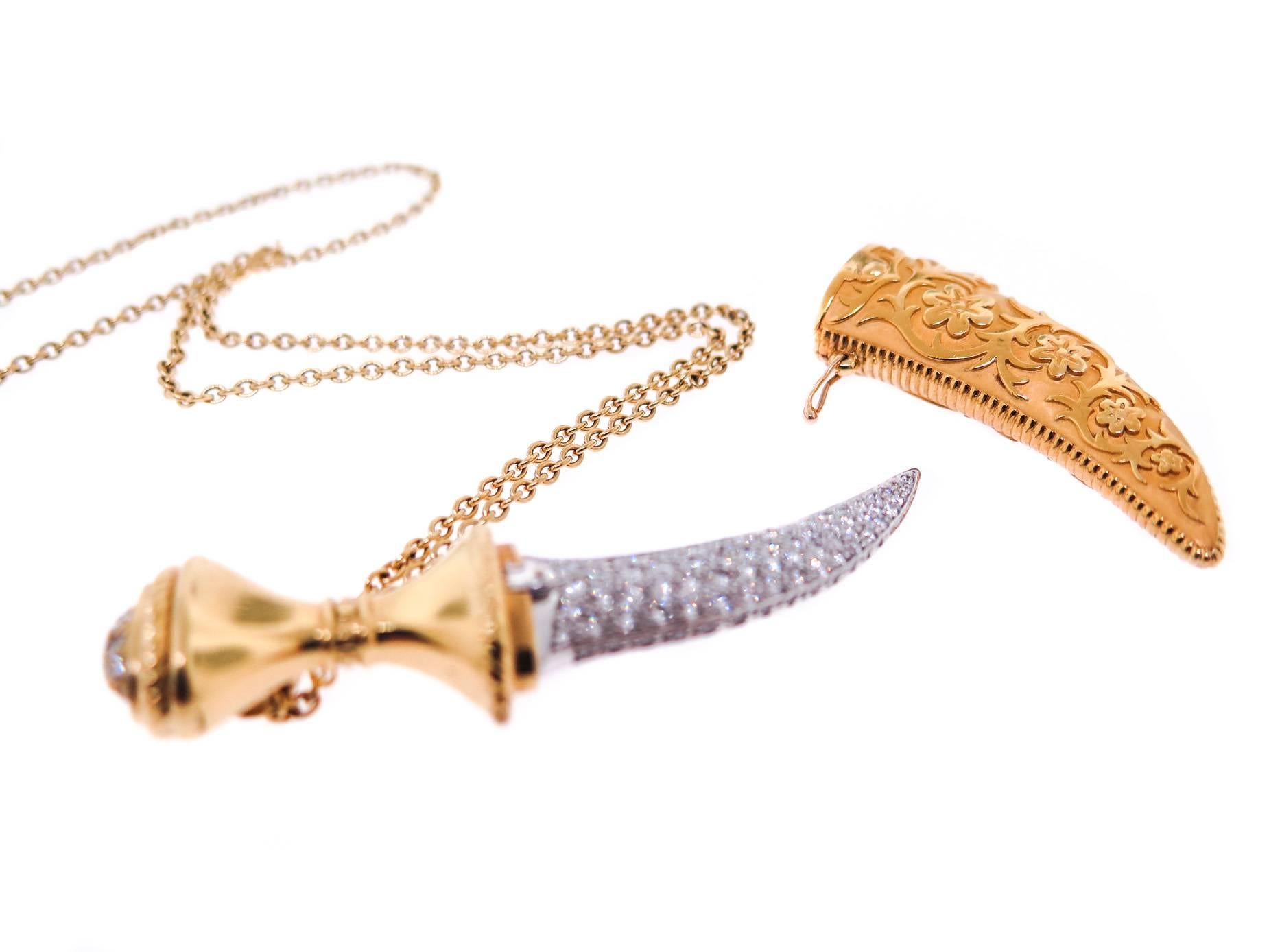 Carrera Y Carrera 18 Karat Yellow Gold Diamond Encrusted Dagger and Sheath Pendant. One of three offered for sale in the United States. Diamonds are E-F color, VVS clarity, with a total weight of 2.22 carats Signed and numbered 473280. Measures