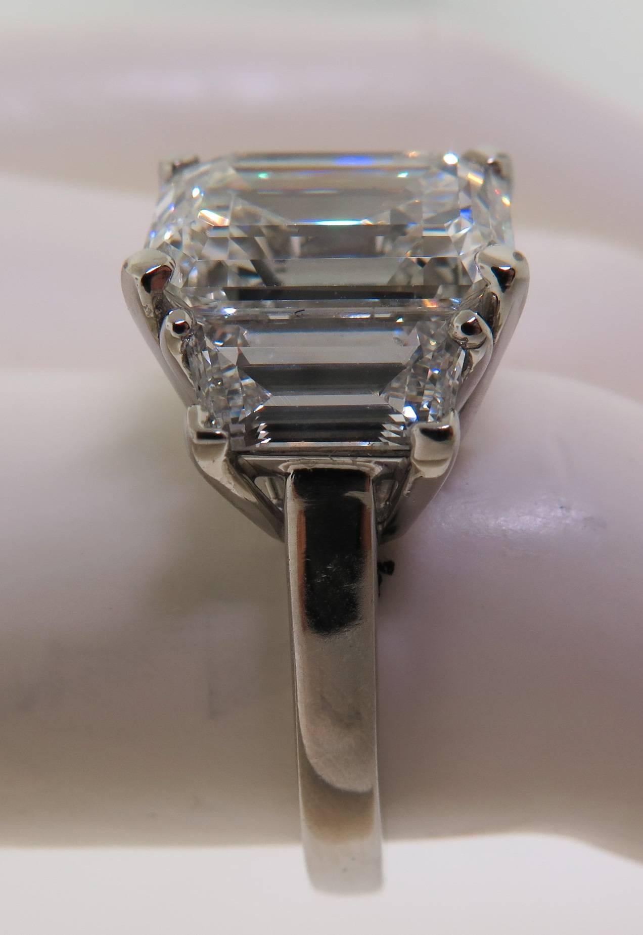 GIA Certified 5.47 carats Emerald Cut Diamond and Trapezoids Platinum Ring 1