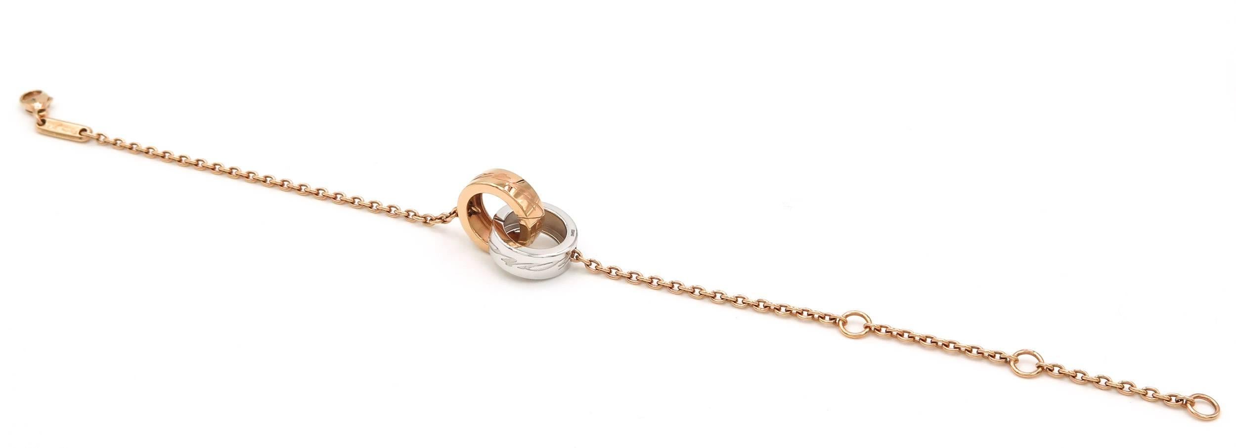 This exquisitely simple bracelet, adorned with a white gold and rose gold ring beautifully crafted and timeless expression of architectural refinement.
 The Chopardissimo bracelet is 7.5 inches long with options to wear at 6 and 6.75