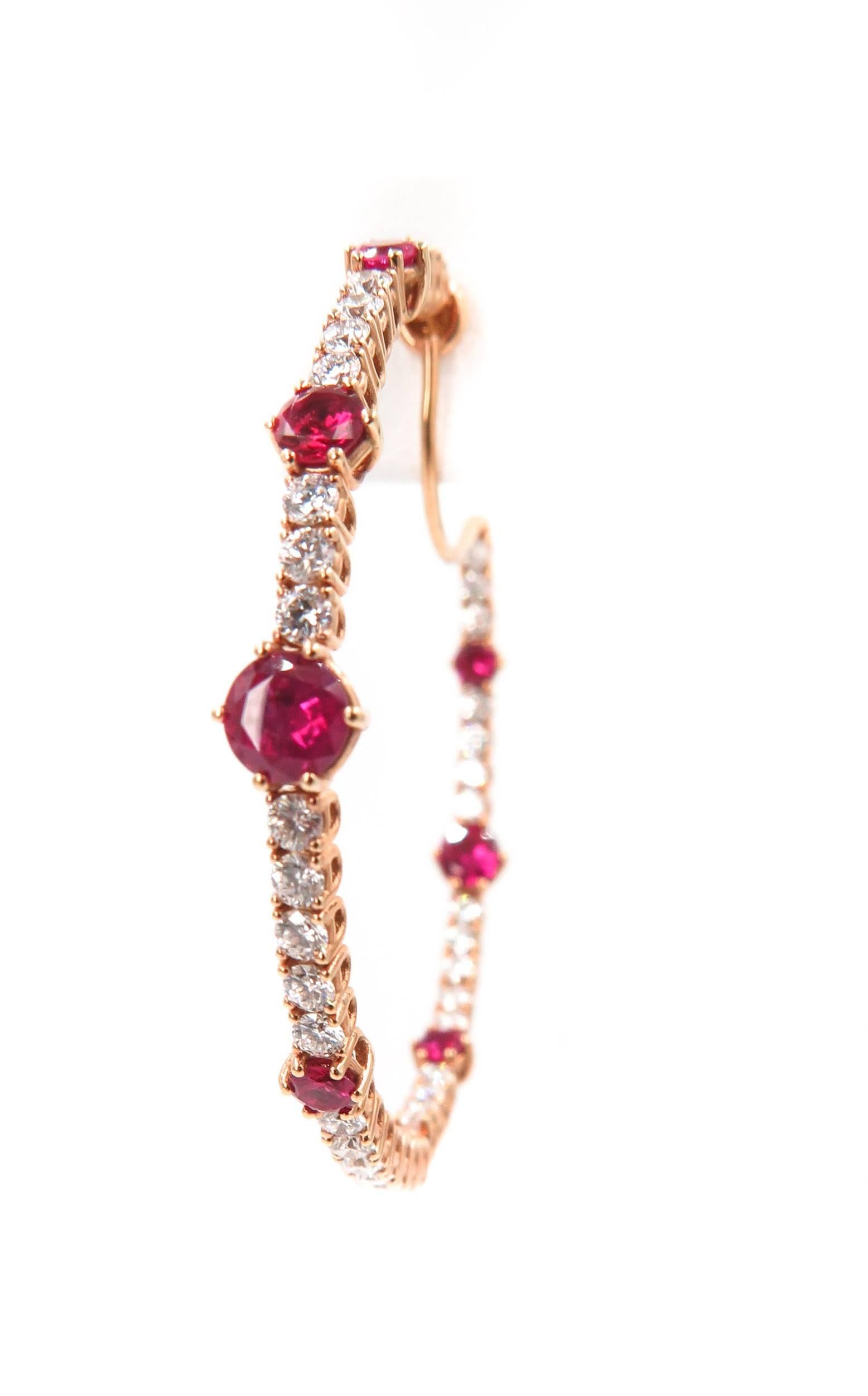 Modern Rose Gold Ruby and Diamond Hoop Earrings
