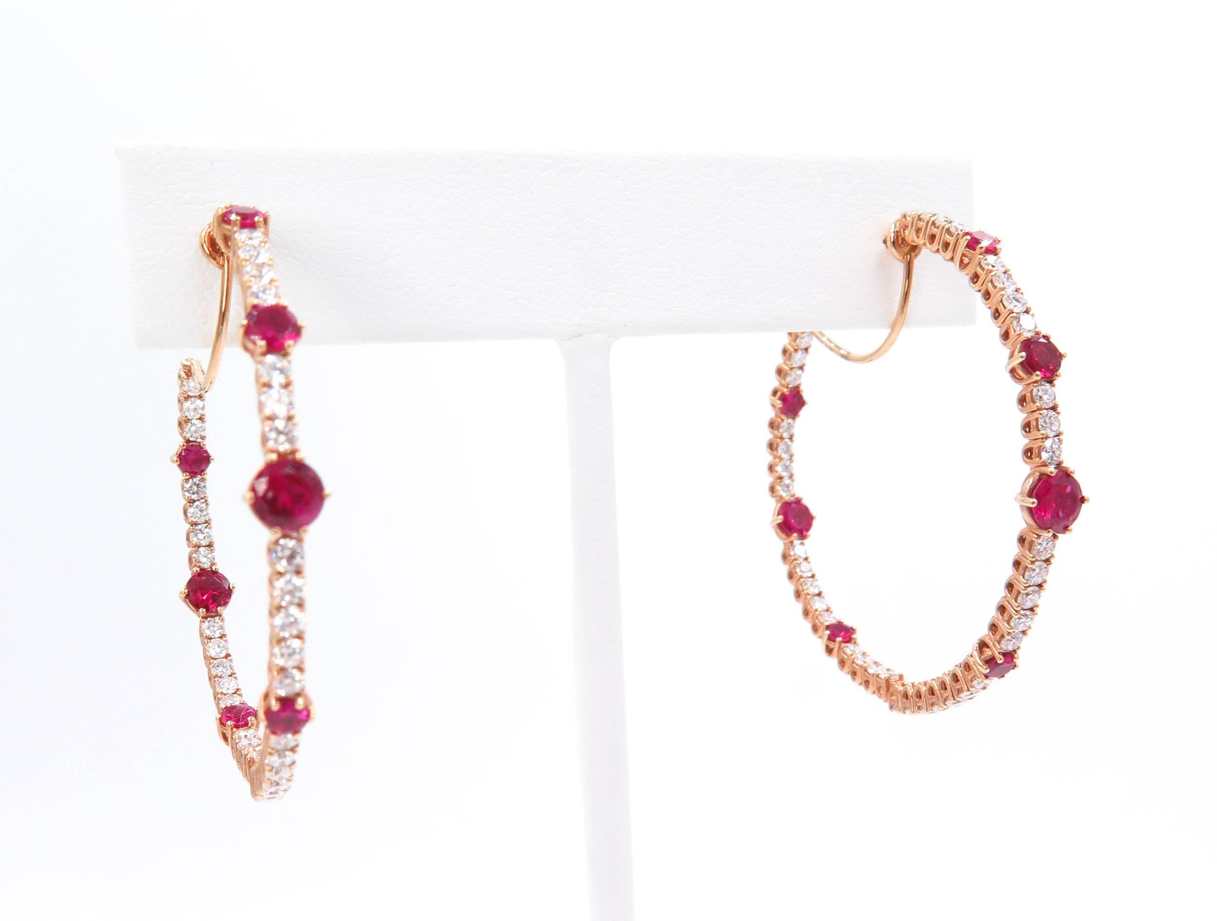 Rose Gold Ruby and Diamond Hoop Earrings 1