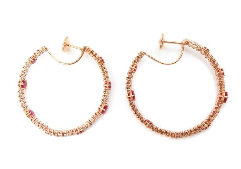 Rose Gold Ruby and Diamond Hoop Earrings at 1stDibs