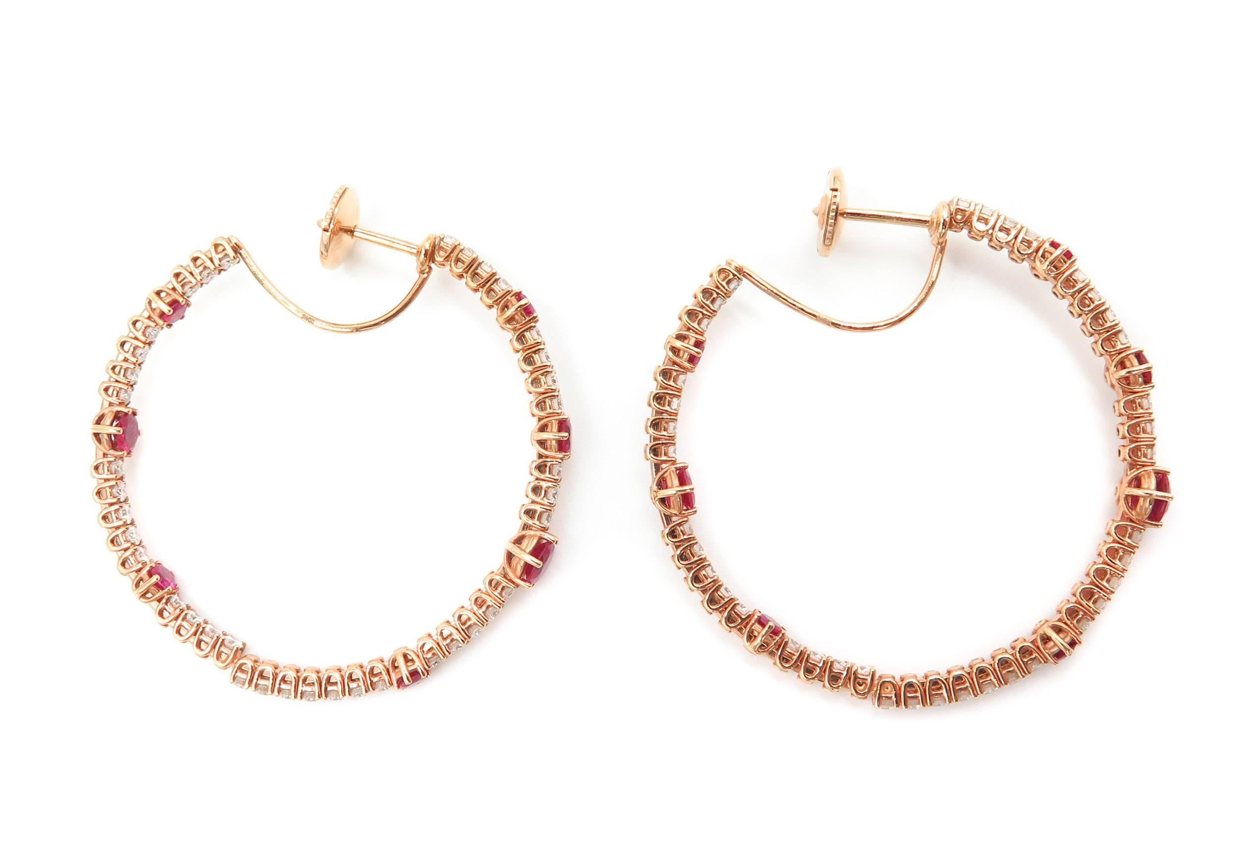 Women's Rose Gold Ruby and Diamond Hoop Earrings