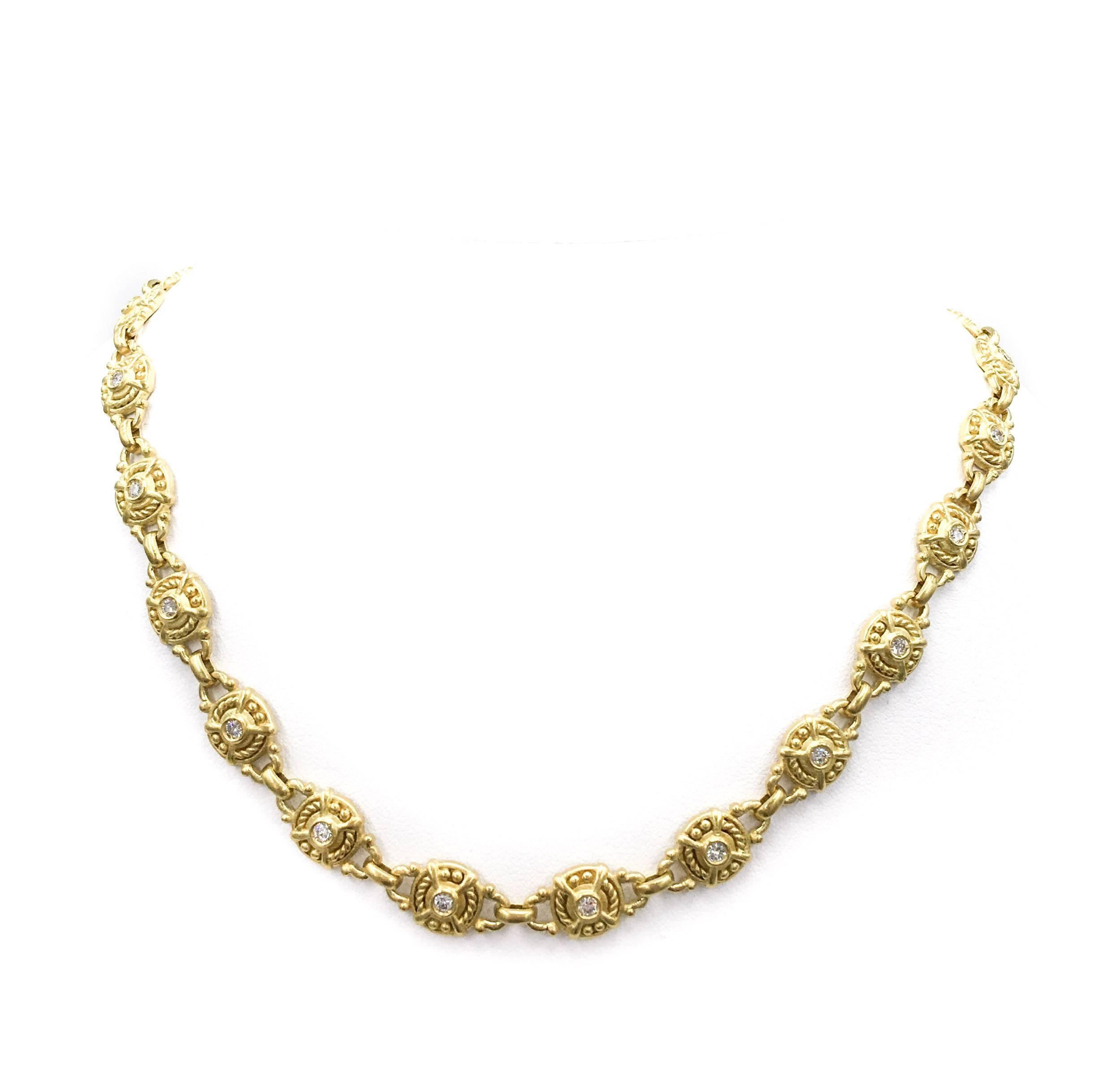 Judith Ripka's timeless design is instantly recognizable! This fabulous 18kt yellow gold finely detailed choker can easily be worn from daytime to night. Has the perfect finishing touch with 24 round white diamonds weighing 1.50 carats total.
