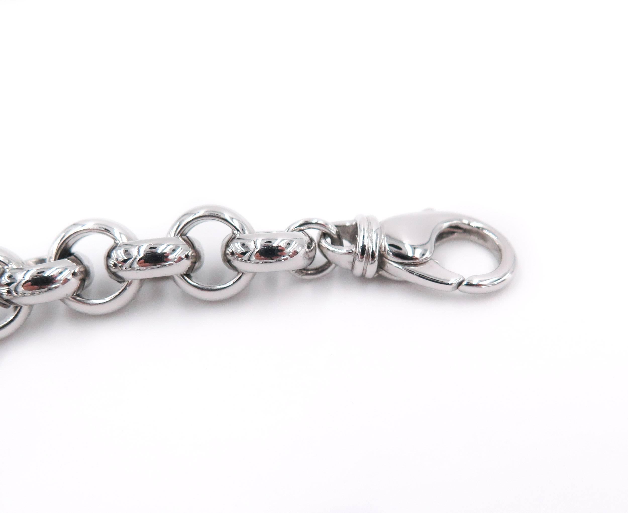 Very Chic! This solid 18K White Gold Link Bracelet is the perfect bracelet!  
Measures 7.25 inches in length with a large Lobster Claw clasp.
The finish is high polished, but the bracelet can also be made in a satin finish.
