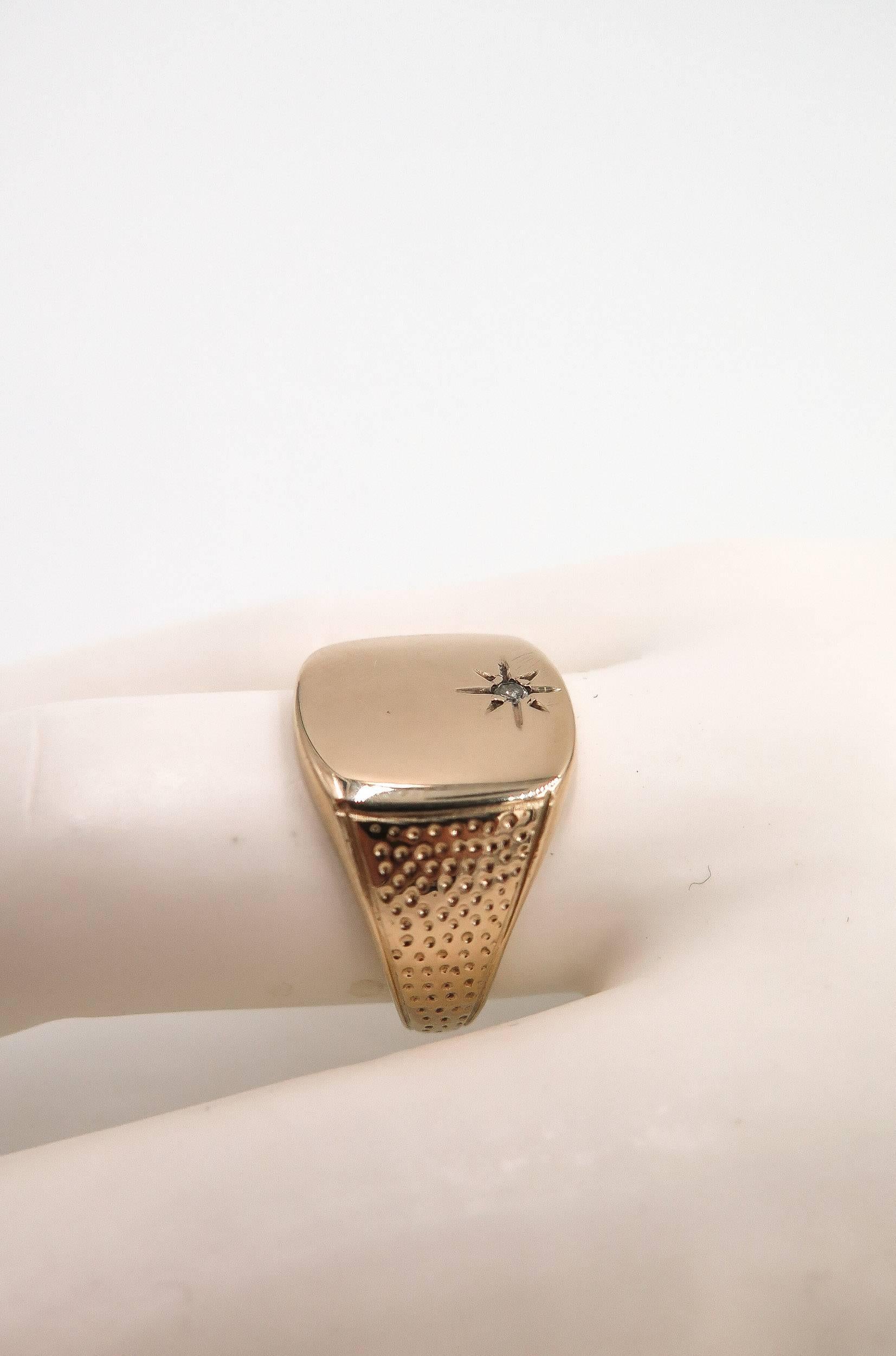 14 Karat Yellow Gold Signet Ring with Diamond In Excellent Condition In Greenwich, CT