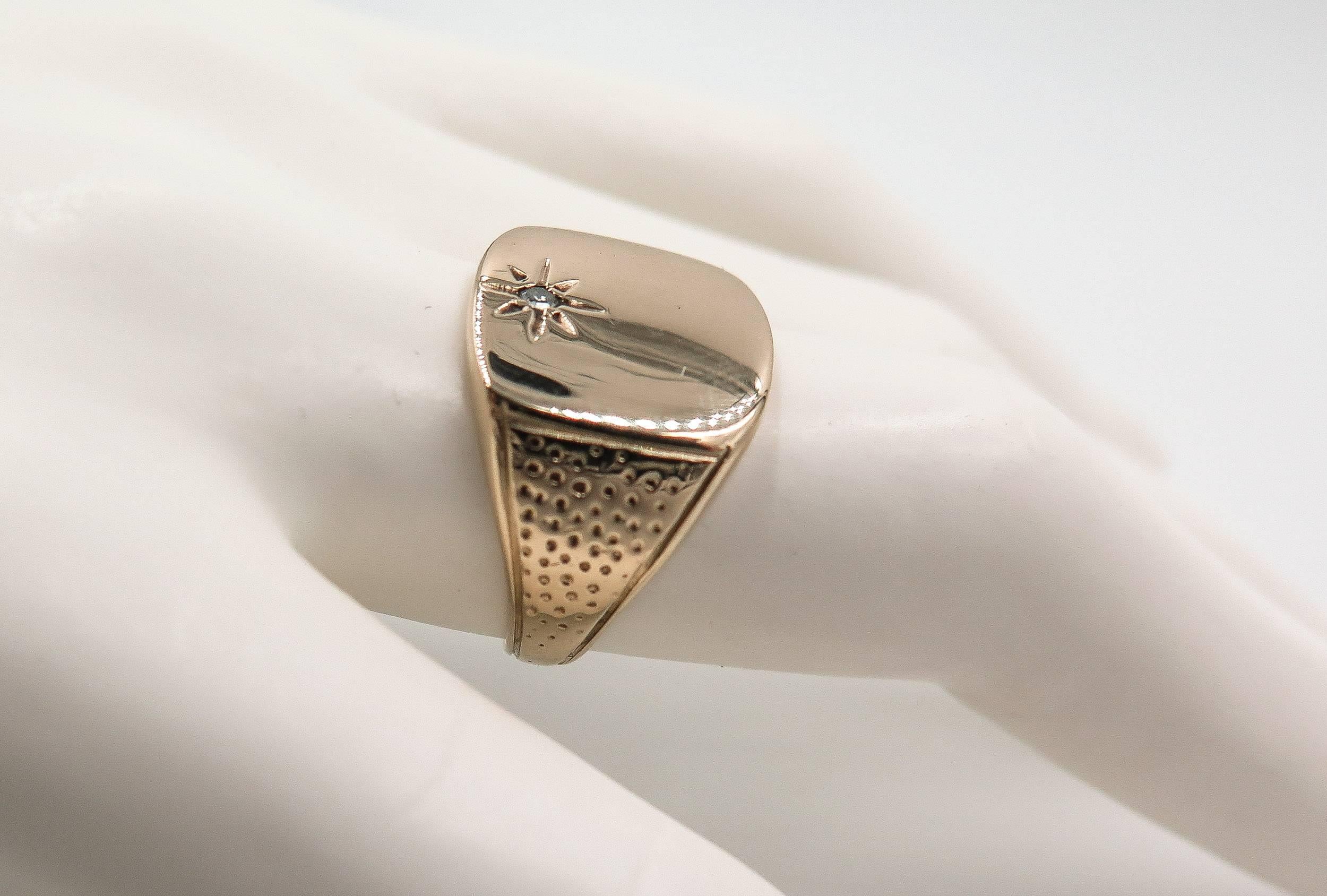 Women's or Men's 14 Karat Yellow Gold Signet Ring with Diamond