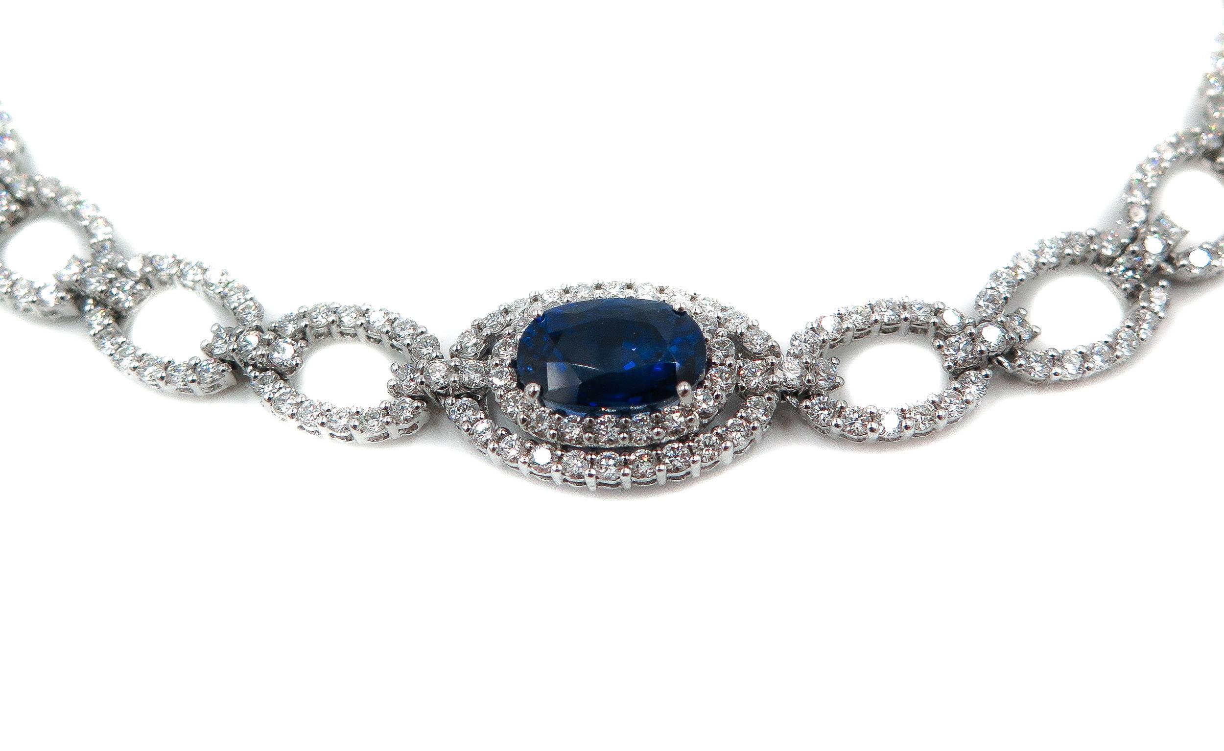 Oval Sapphire Diamond White Gold Necklace In New Condition In Greenwich, CT