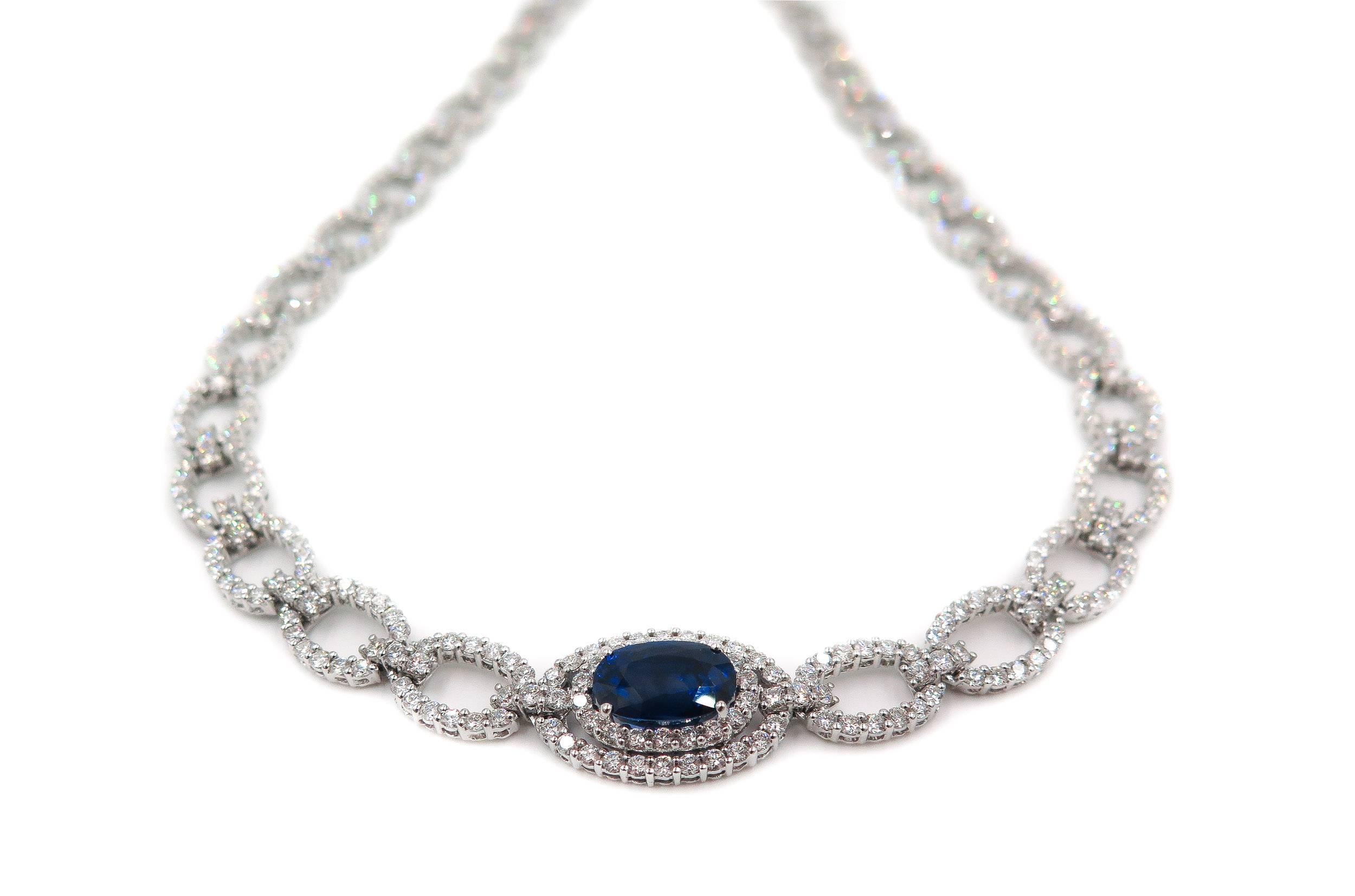 Modern Oval Sapphire Diamond White Gold Necklace