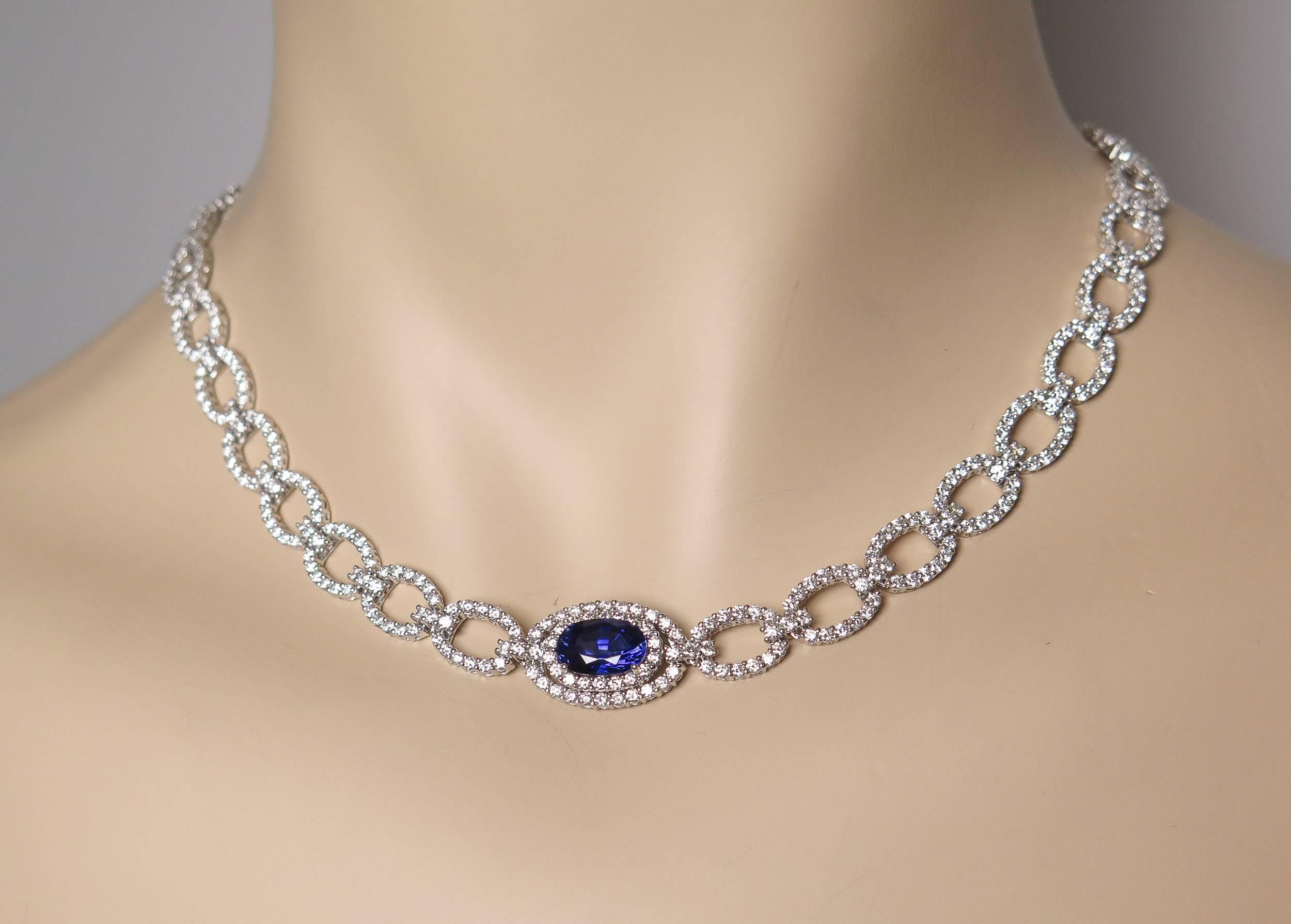 Oval Sapphire Diamond White Gold Necklace 1