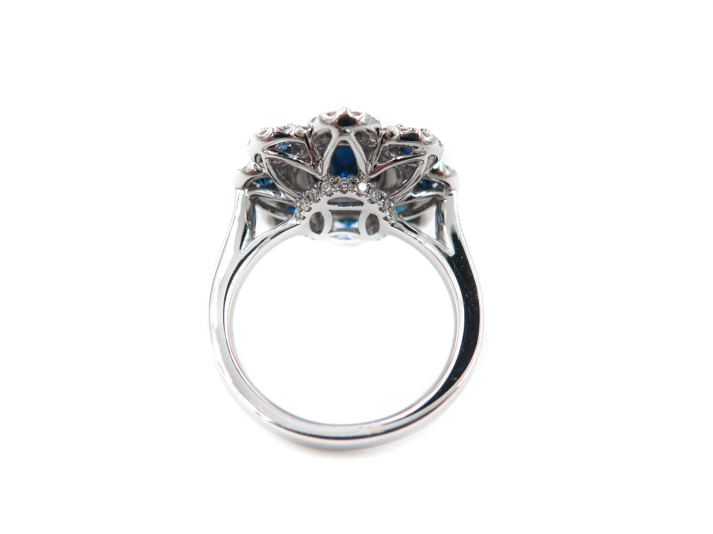 Round Cut Sapphire Diamond Flower white gold Ring