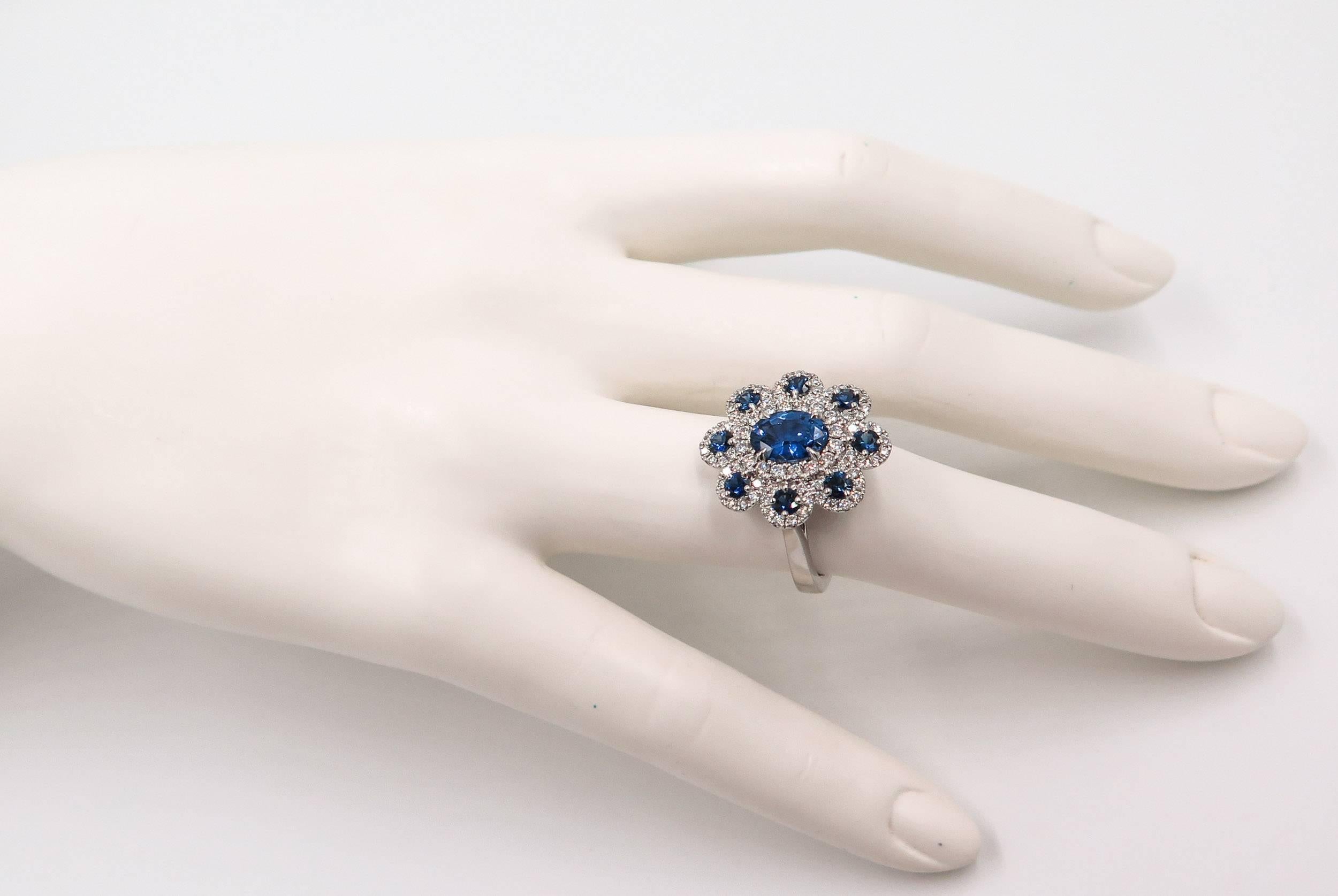 Sapphire Diamond Flower white gold Ring 2