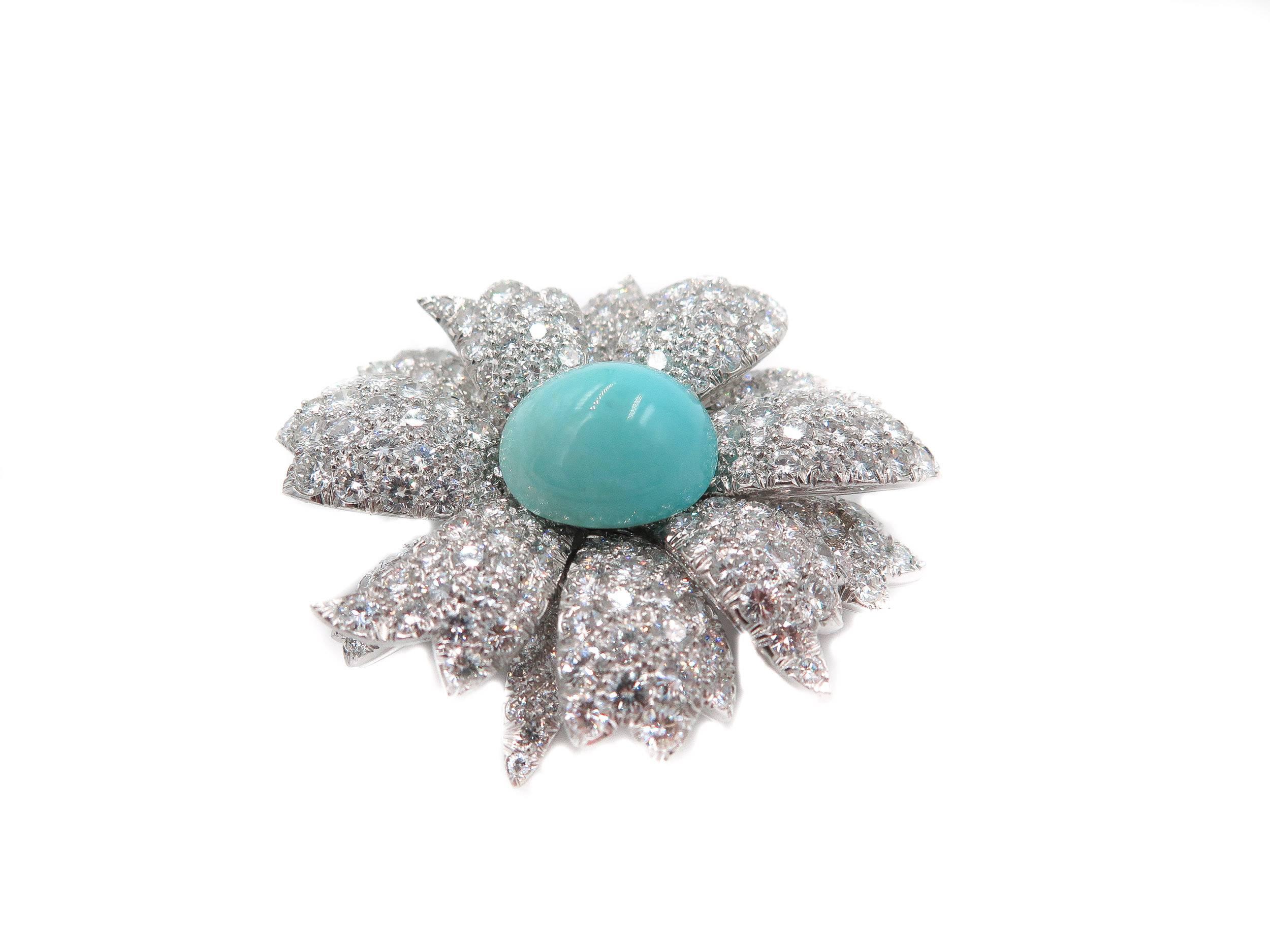 Turquoise Diamond Platinum Flower Brooch 1