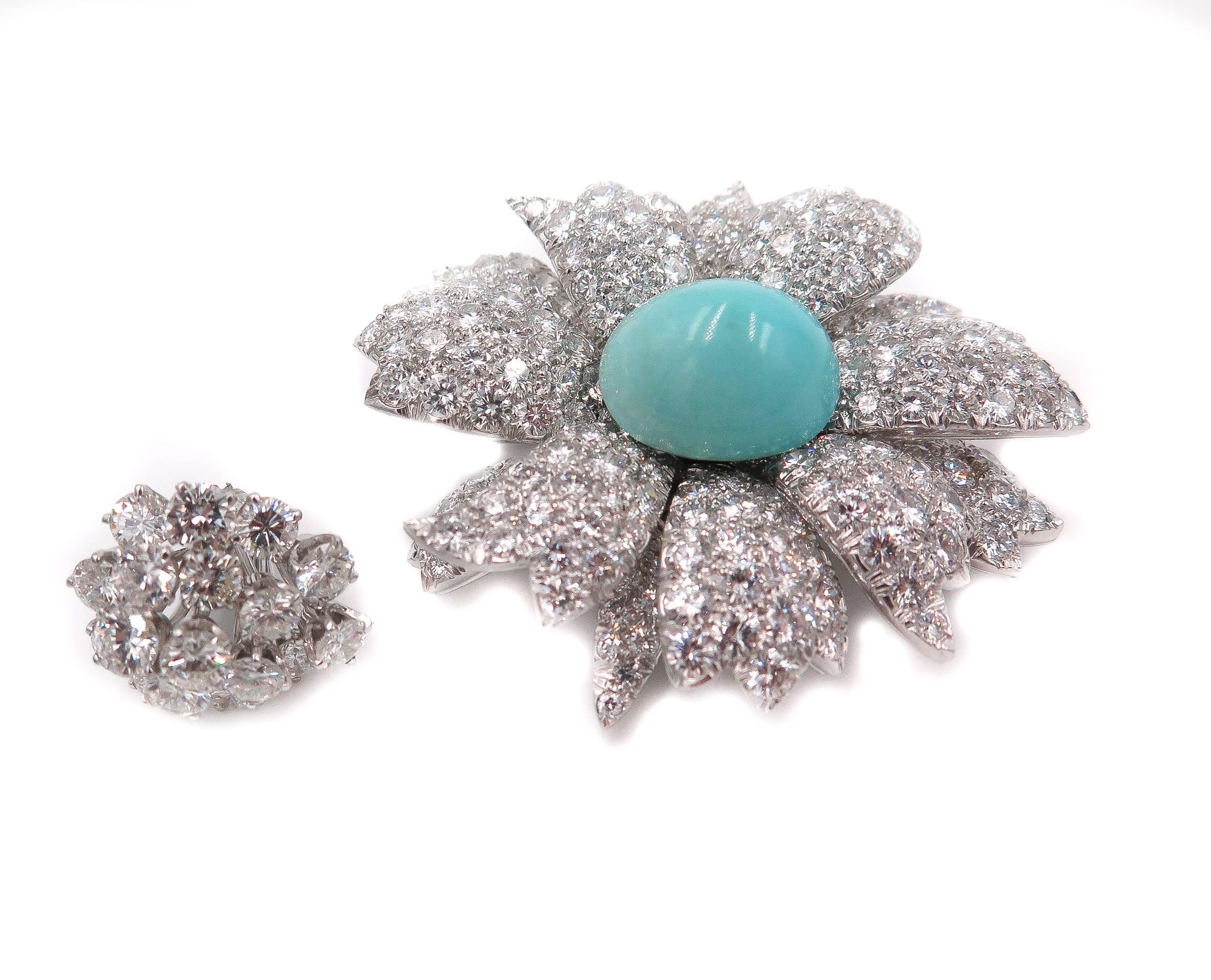 Turquoise Diamond Platinum Flower Brooch In Excellent Condition In Greenwich, CT
