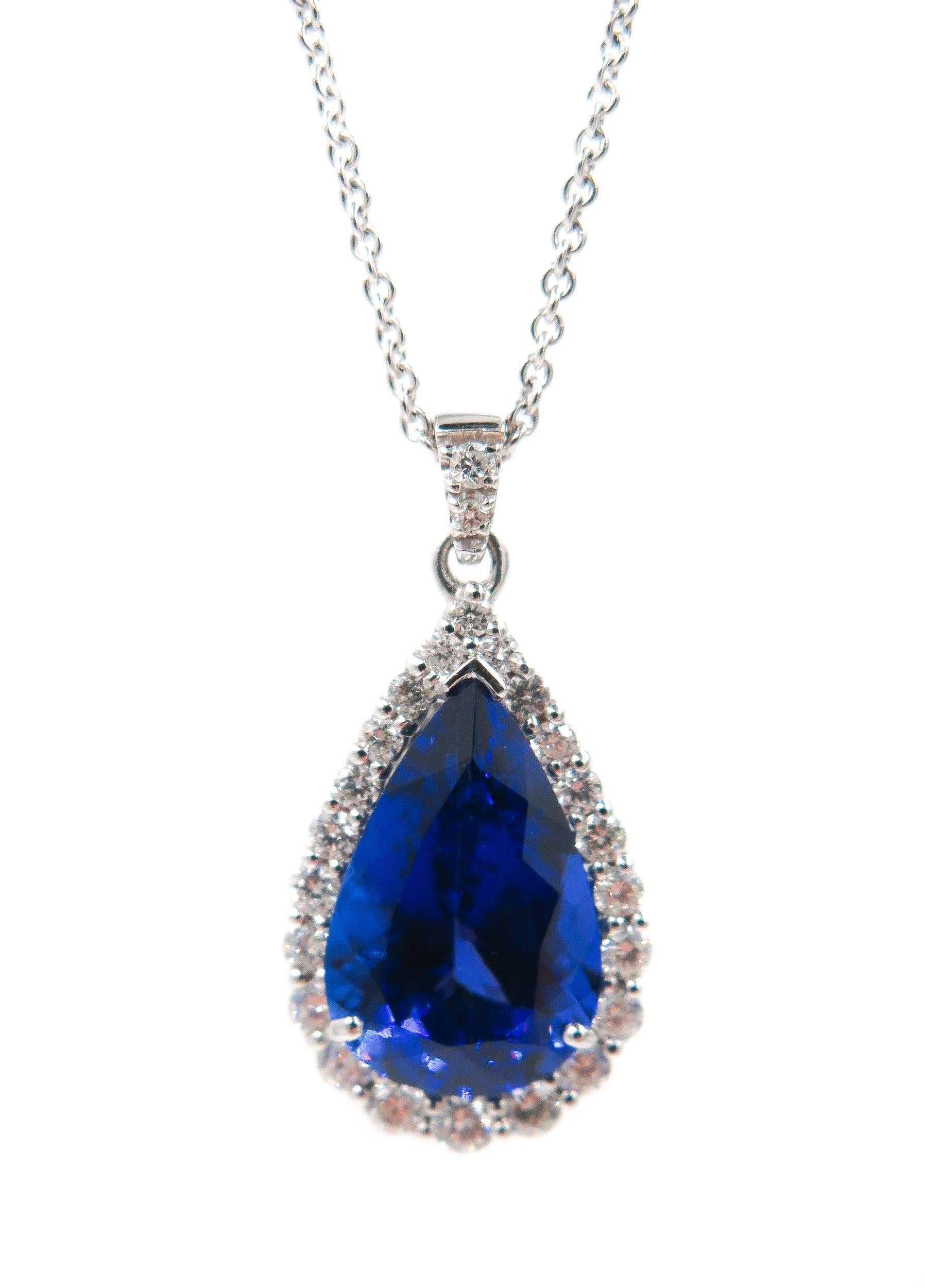 Looking for a jaw-dropping pendant? Look no further.
A wonderful addition to anyone’s jewelry box, this pear shaped diamond and tanzanite pendant needs a loving home!! It’s hobbies include sparkling, accepting compliments, and brightening people’s
