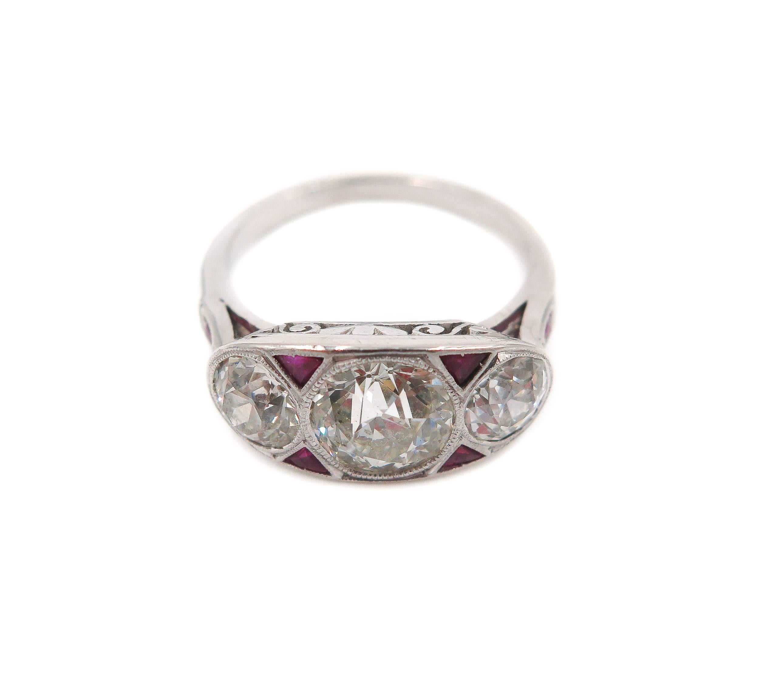Art Deco Old European Cut Diamond Ruby Platinum Ring In Excellent Condition In Greenwich, CT