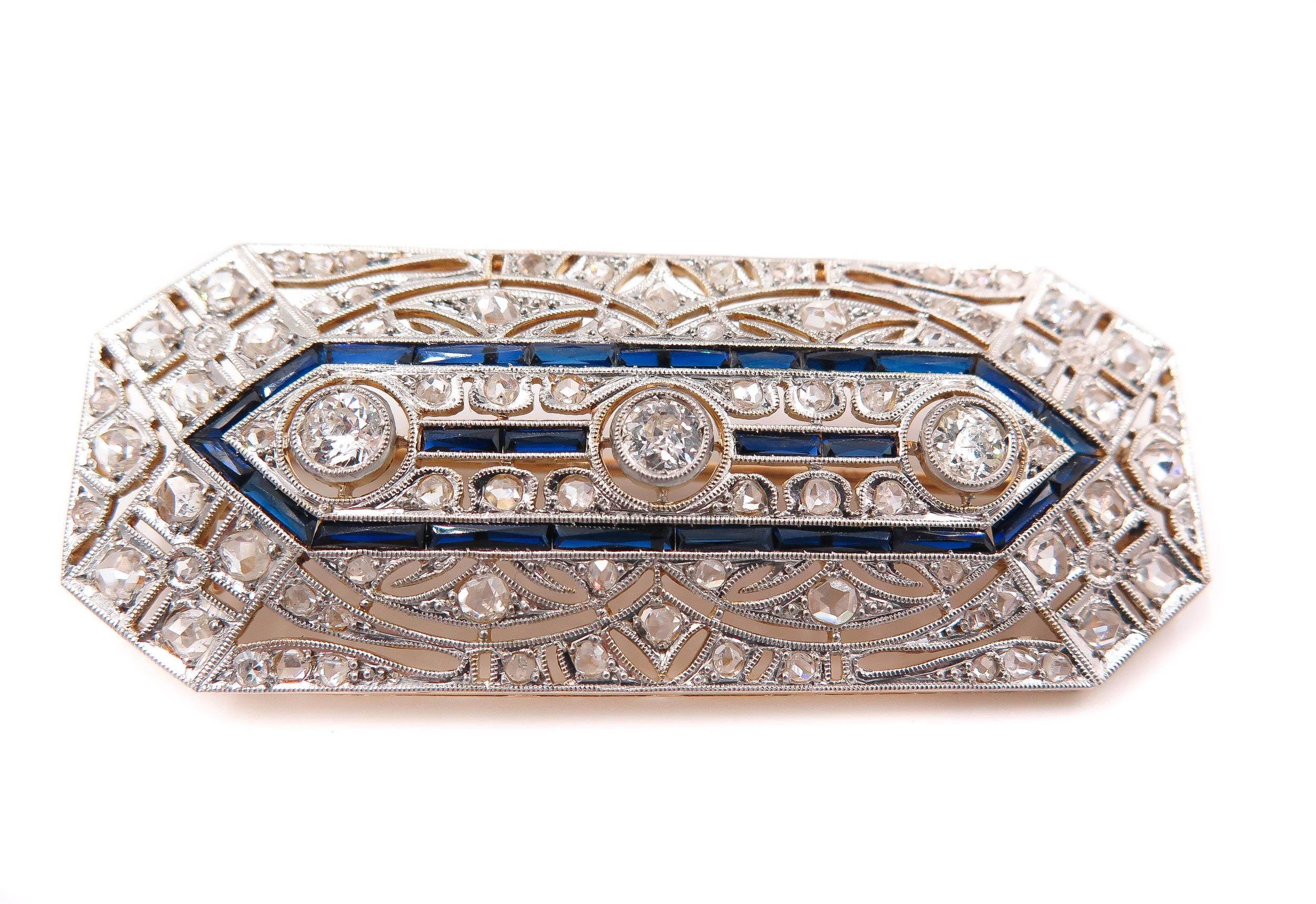 Art Deco Sapphire Diamond Brooch In Excellent Condition In Greenwich, CT