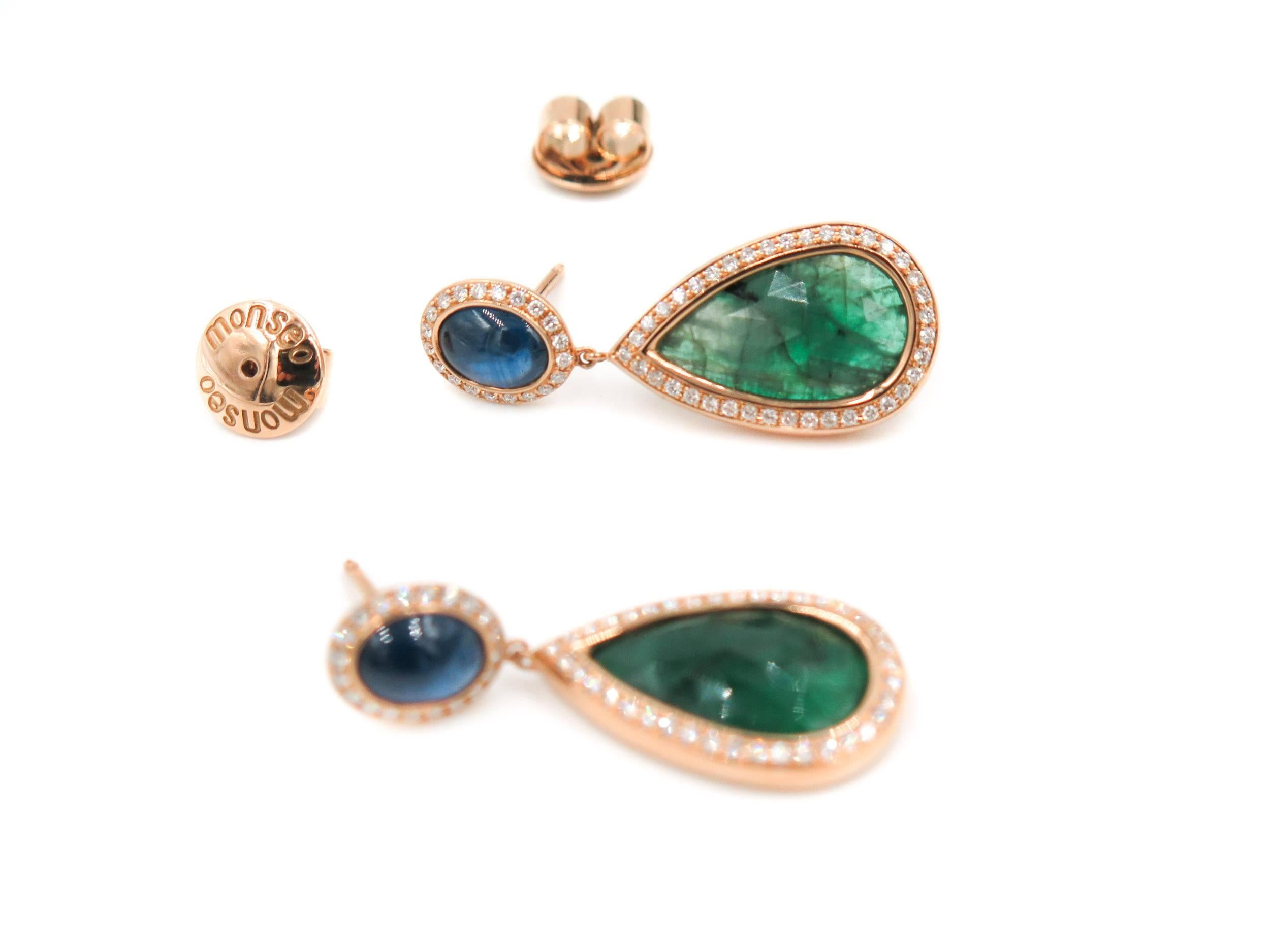 Modern Emerald Sapphire Diamond Drop Earrings by Monseo