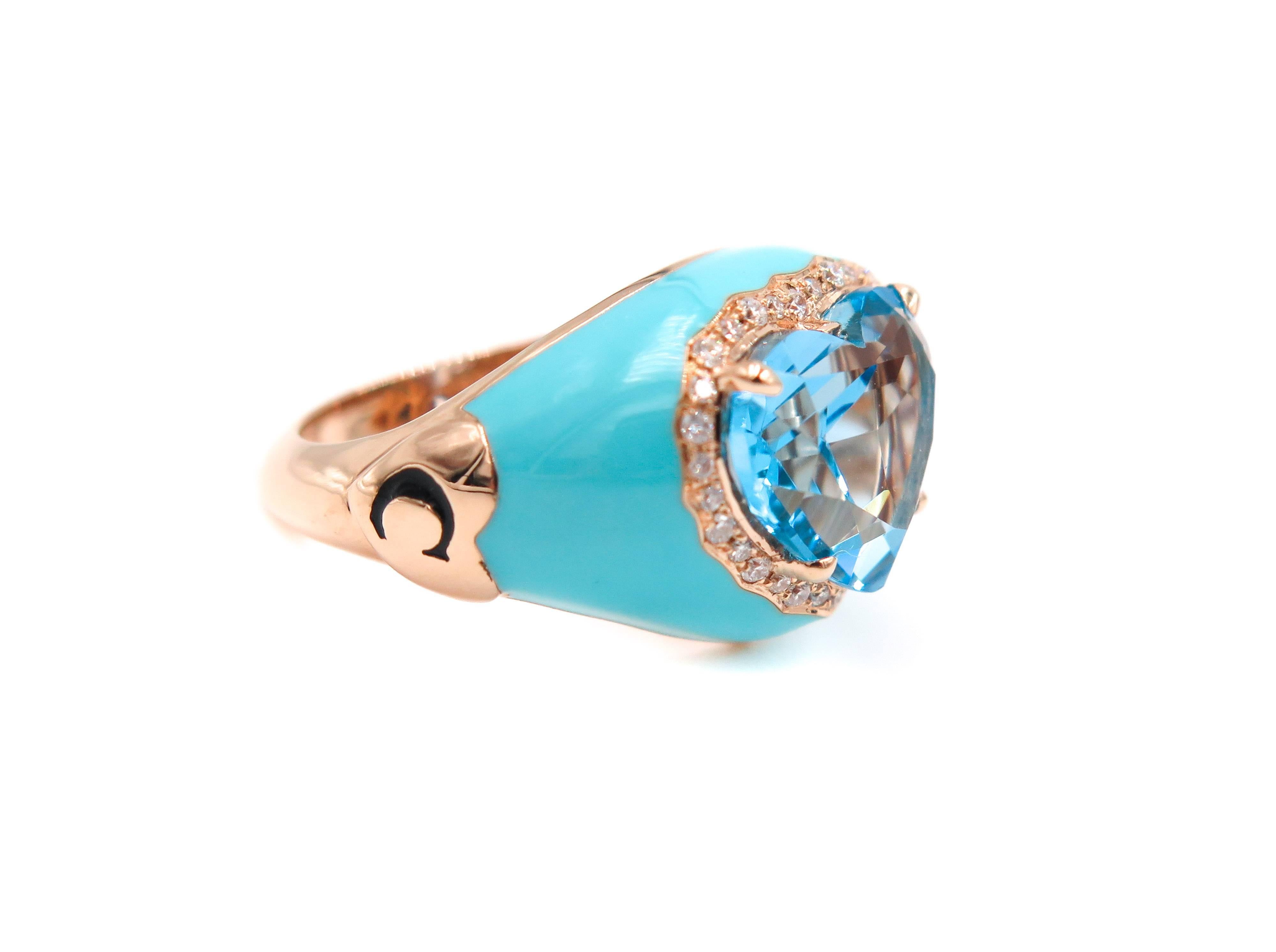 Glamour, seduction and fashion are just some of the ingredients in the mix, creating this unique ring inspired by luxury and the pursuit of beauty. 
Handcrafted in Italy by expert master jewelers in 18k rose gold and enamel. Set with a 5.50 carat