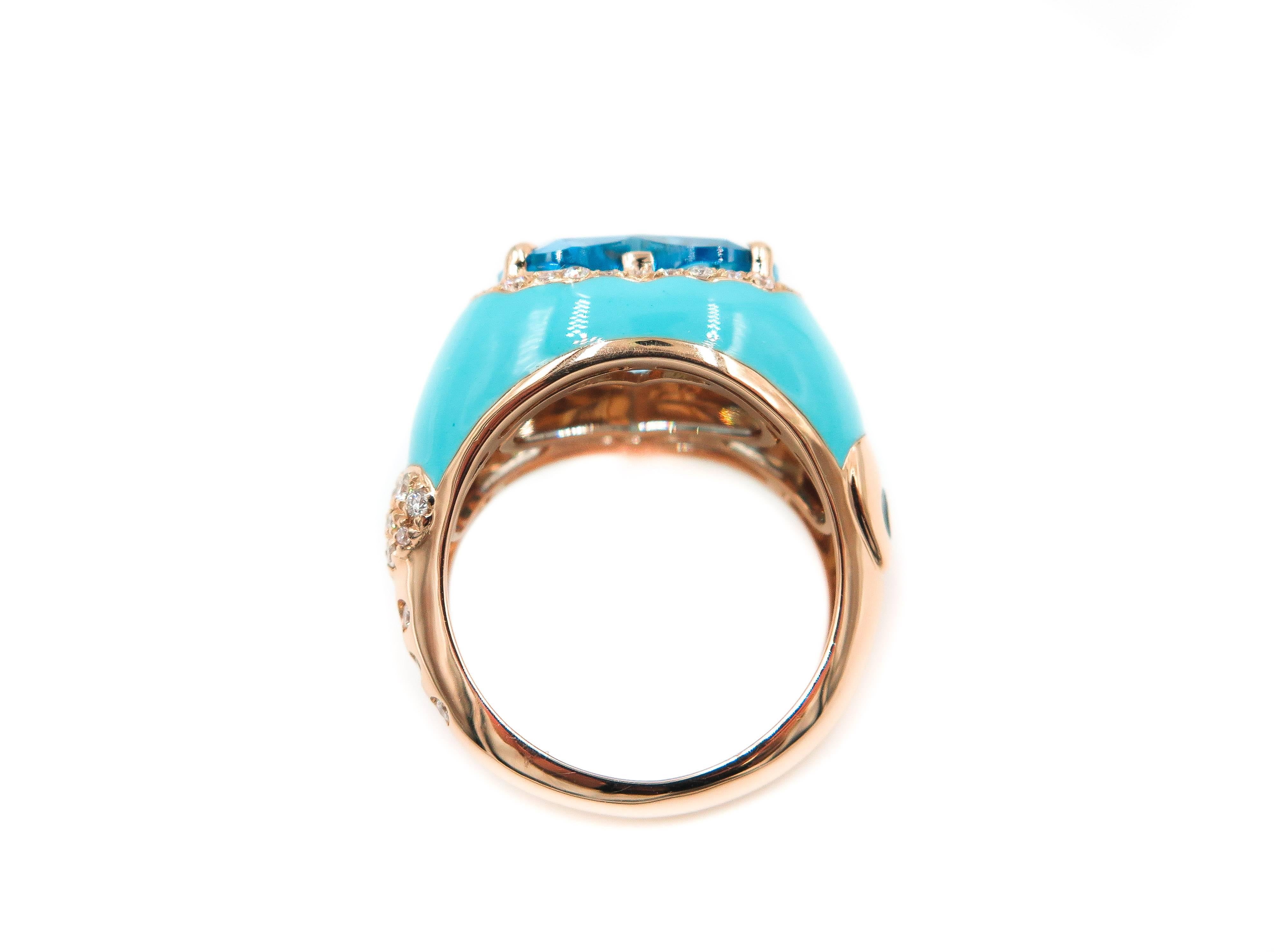 Blue Topaz Rose Gold Enameled Ring In New Condition In Greenwich, CT