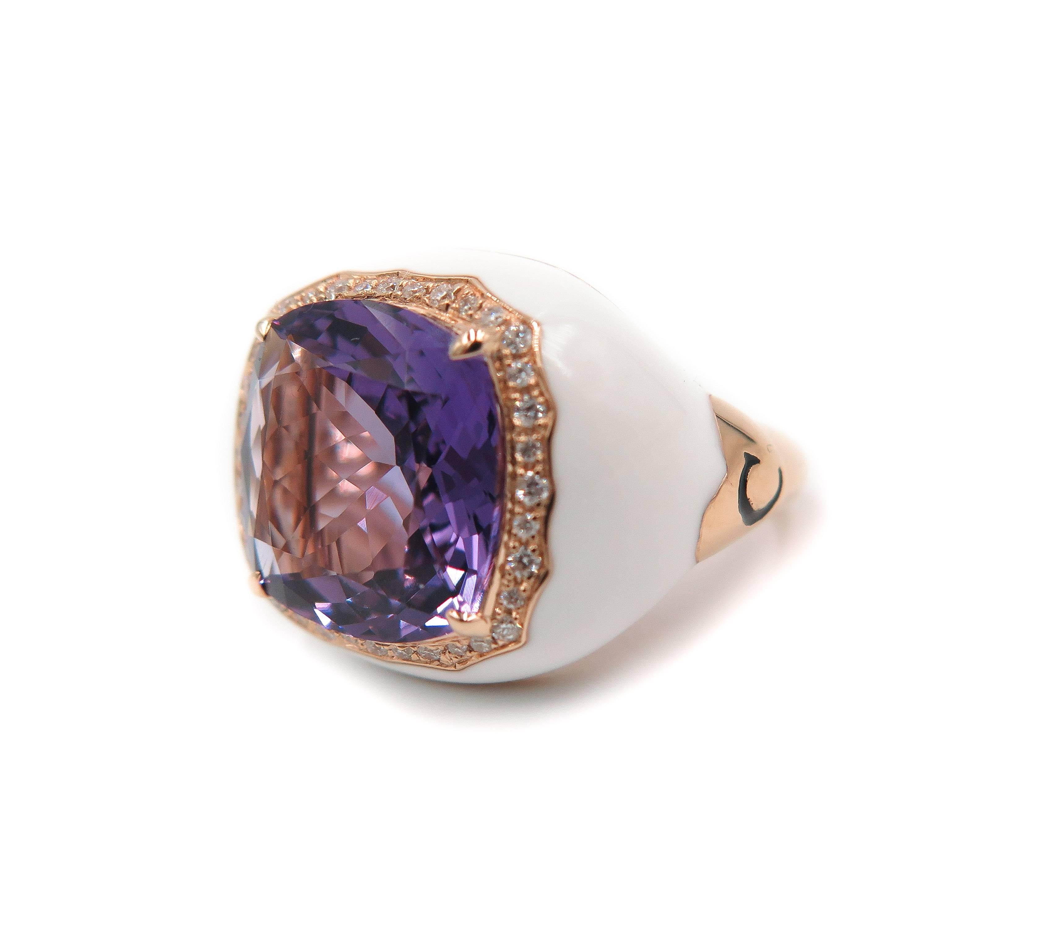Rose Gold Amethyst Diamond Enamel Cocktail Ring In New Condition In Greenwich, CT