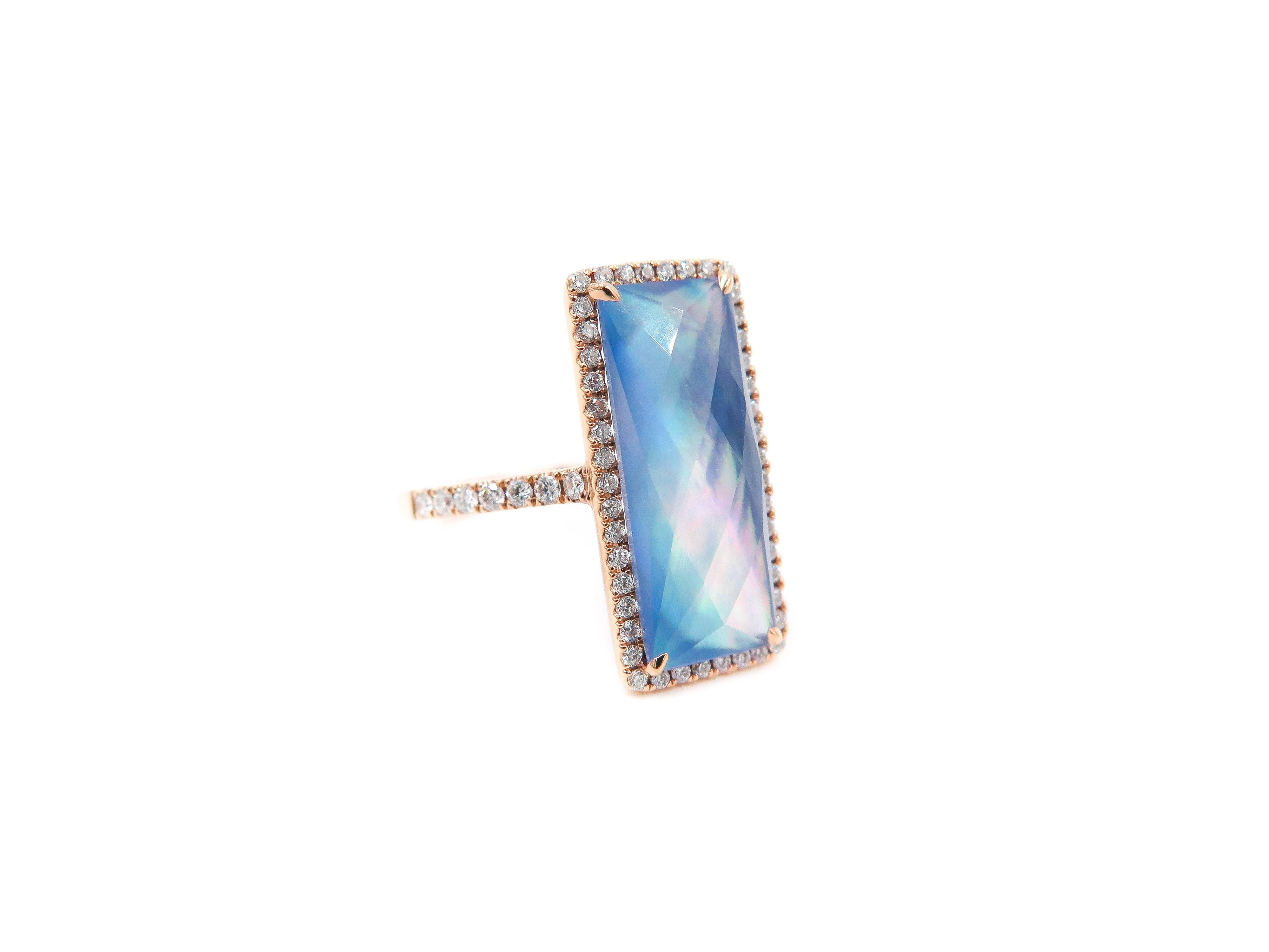 As every design starts with a pencil and a sketch board. 
Combining 18 karat rose gold, lapis lazuli, mother of pearl, faceted white topaz and diamonds layered to create this unique and eye catching ring.
Handcrafted to fit finger size 6.5
This
