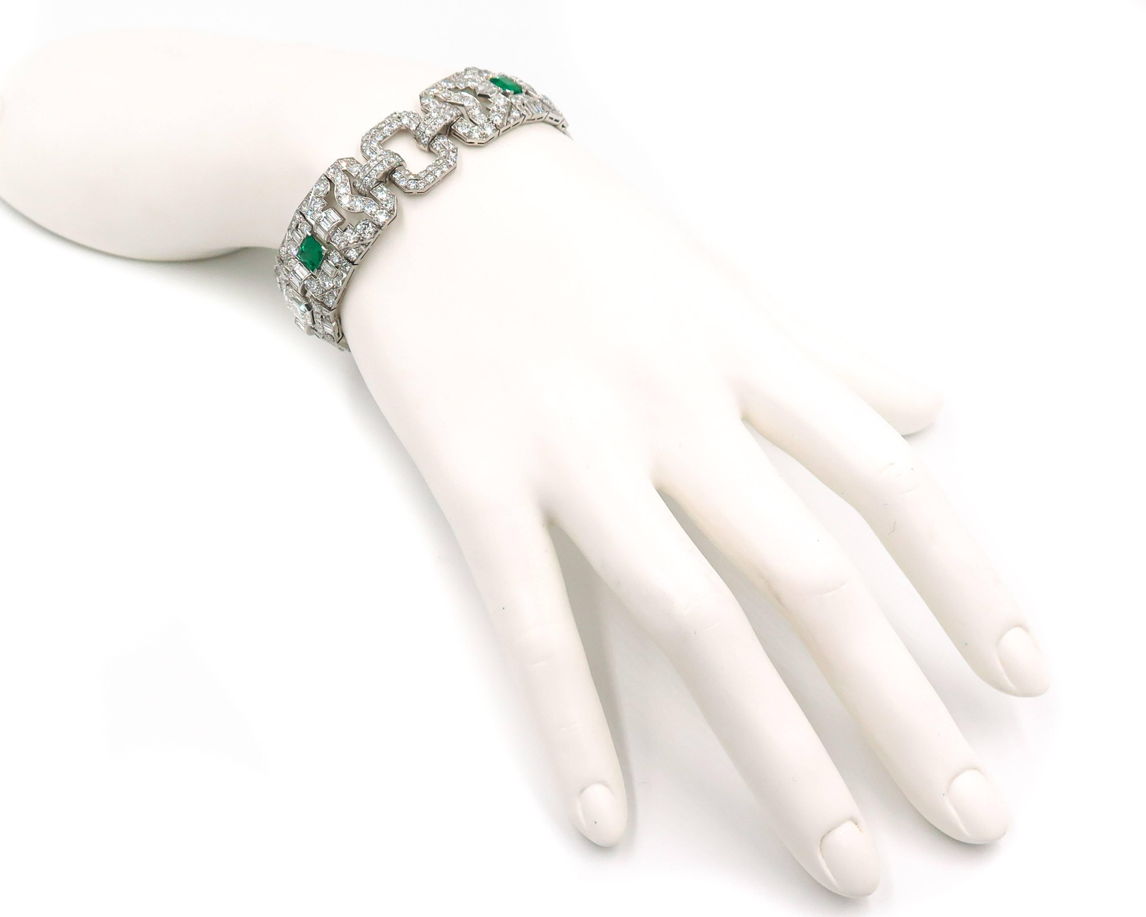 Art Deco Style Emerald Diamond Platinum Bracelet For Sale 2