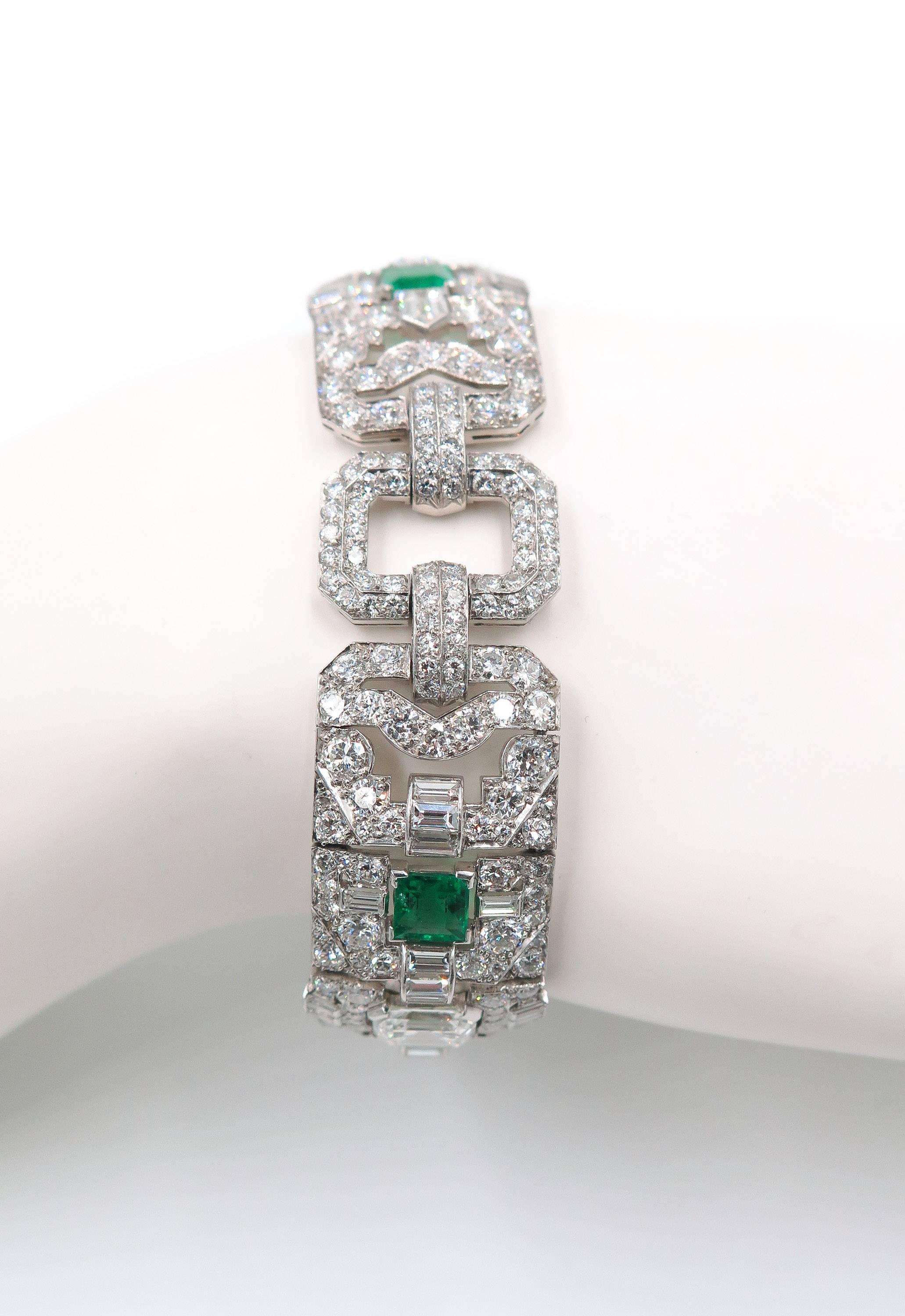 Art Deco Style Emerald Diamond Platinum Bracelet For Sale 3