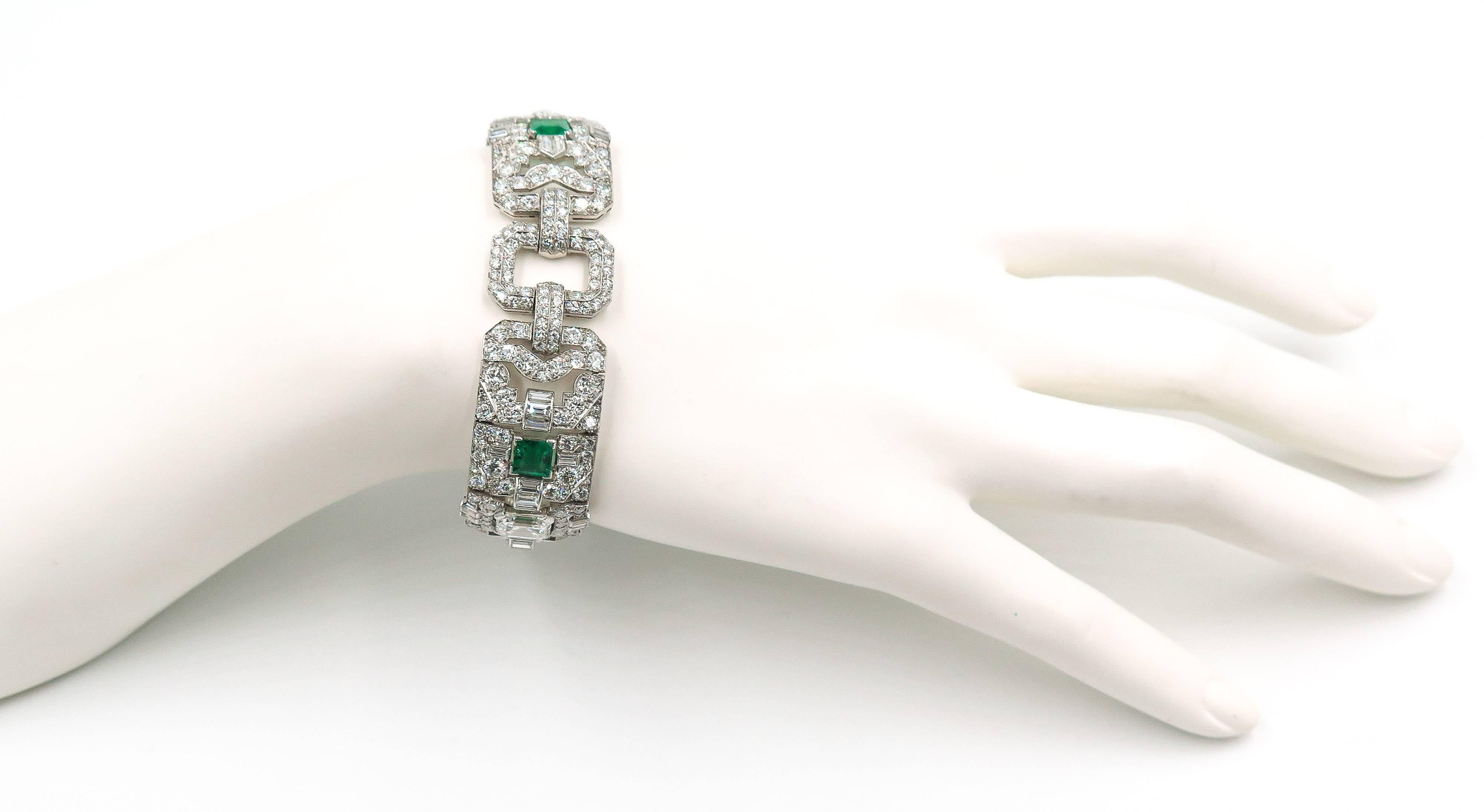 Art Deco Style Emerald Diamond Platinum Bracelet For Sale 4