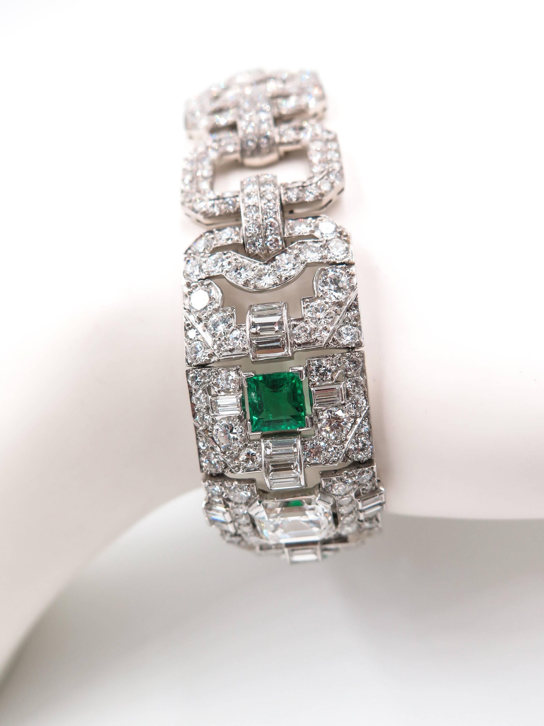 Art Deco Style Emerald Diamond Platinum Bracelet For Sale 5