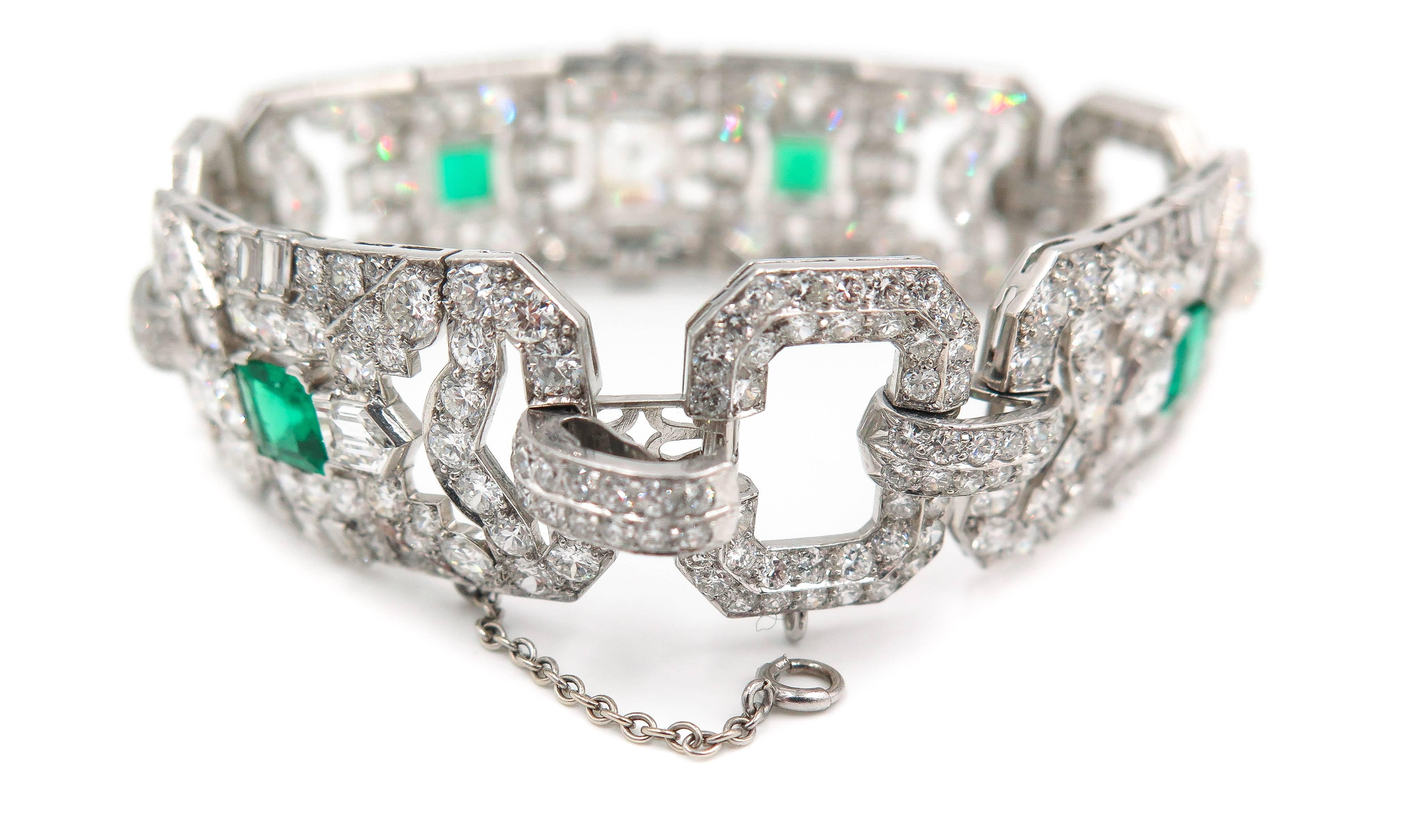 Women's Art Deco Style Emerald Diamond Platinum Bracelet For Sale