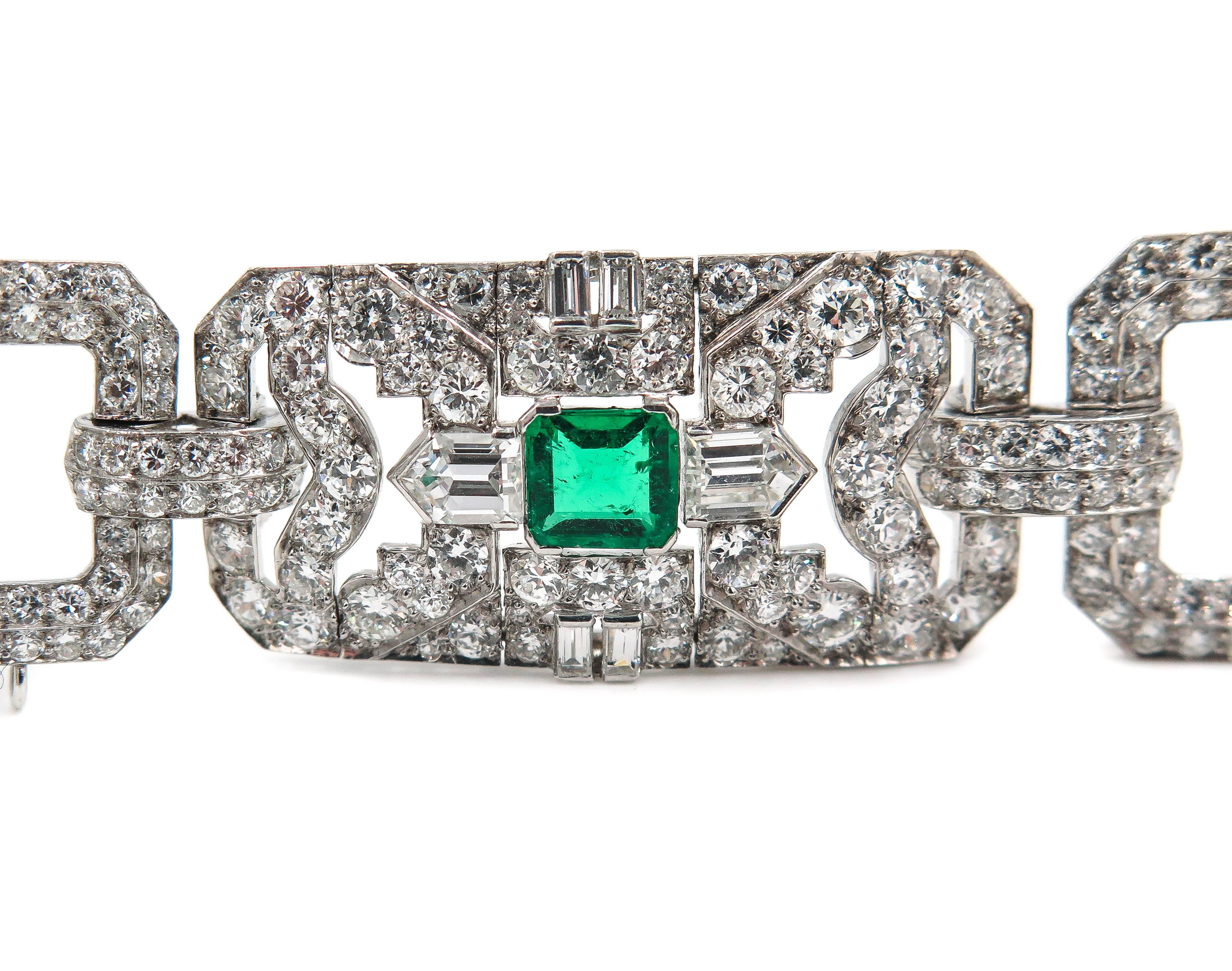 Art Deco Style Emerald Diamond Platinum Bracelet For Sale 1
