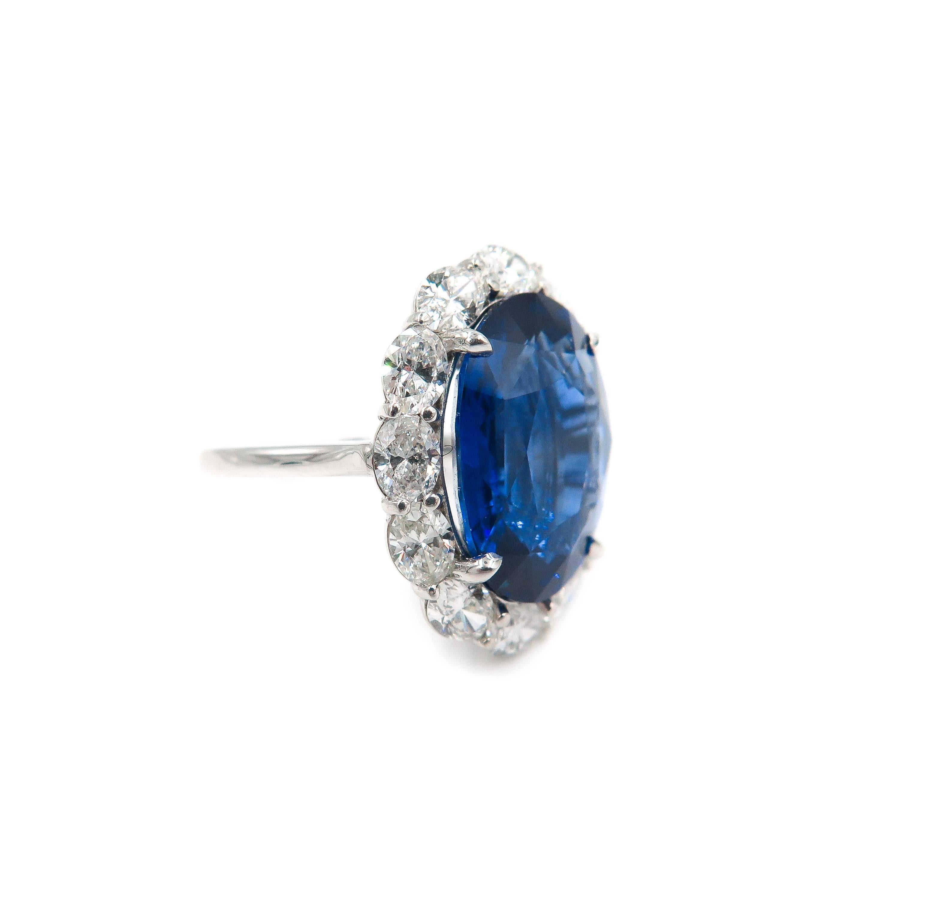 This stunning ring will make you feel like a princess... wear it and get ready for compliments!!!
An amazing oval blue sapphire with a halo of oval diamonds makes this ring worthy of royalty.
Expert craftsmanship and creativity combines Platinum,