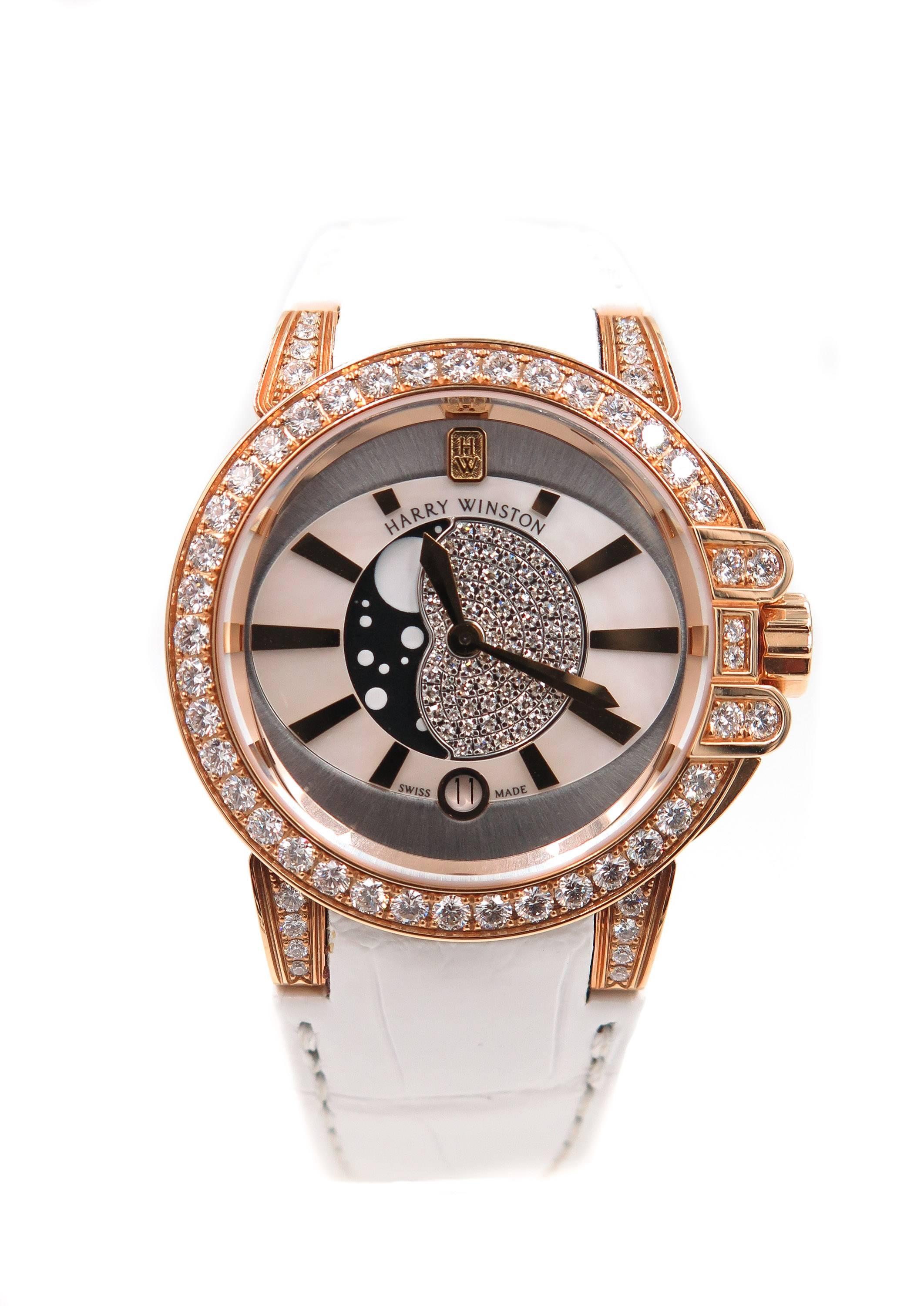 Modern Harry Winston Ladies Rose Gold Ocean Quartz Wristwatch