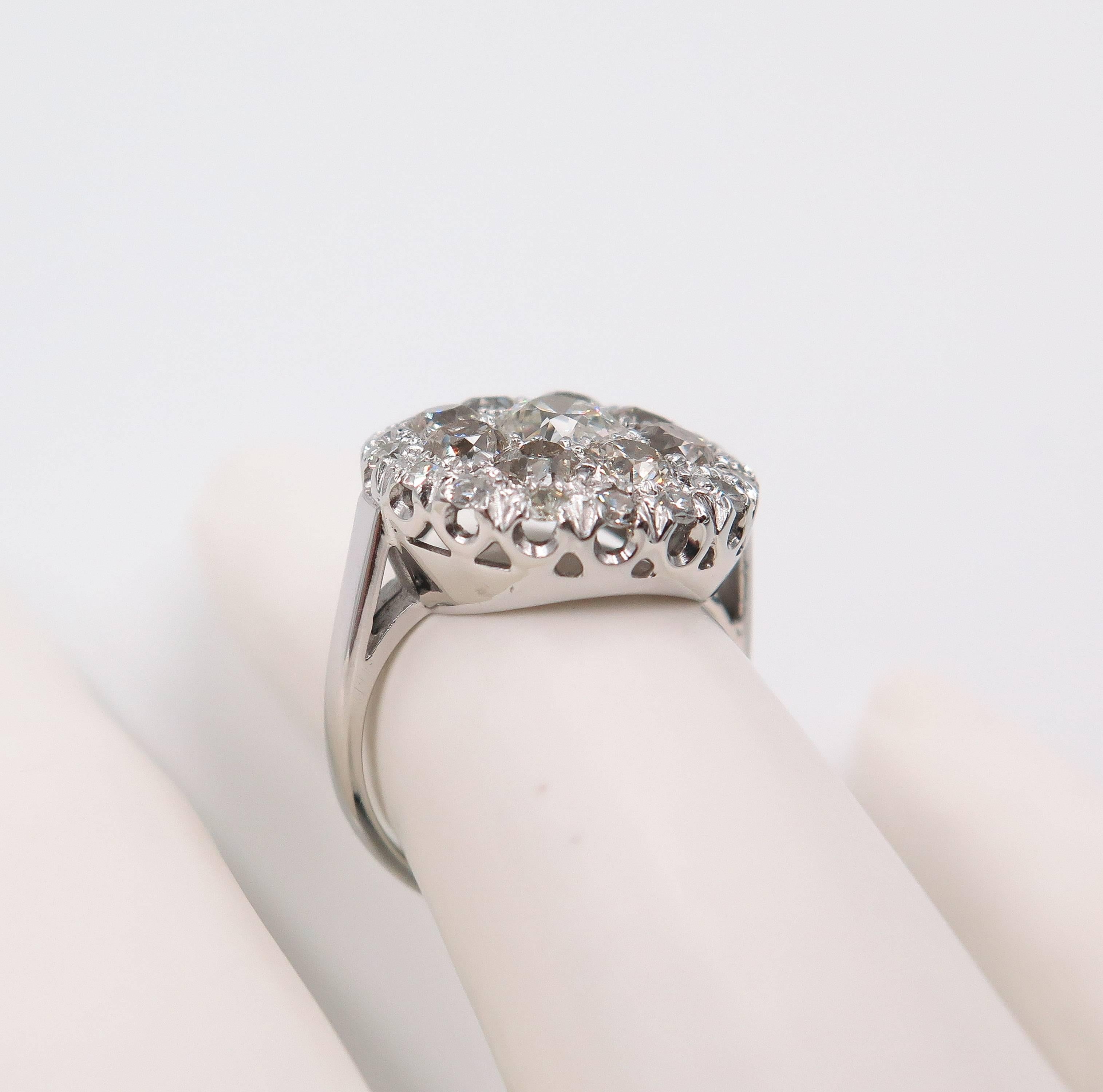 Old Mine Cut White Gold Diamond Cluster Cocktail Ring